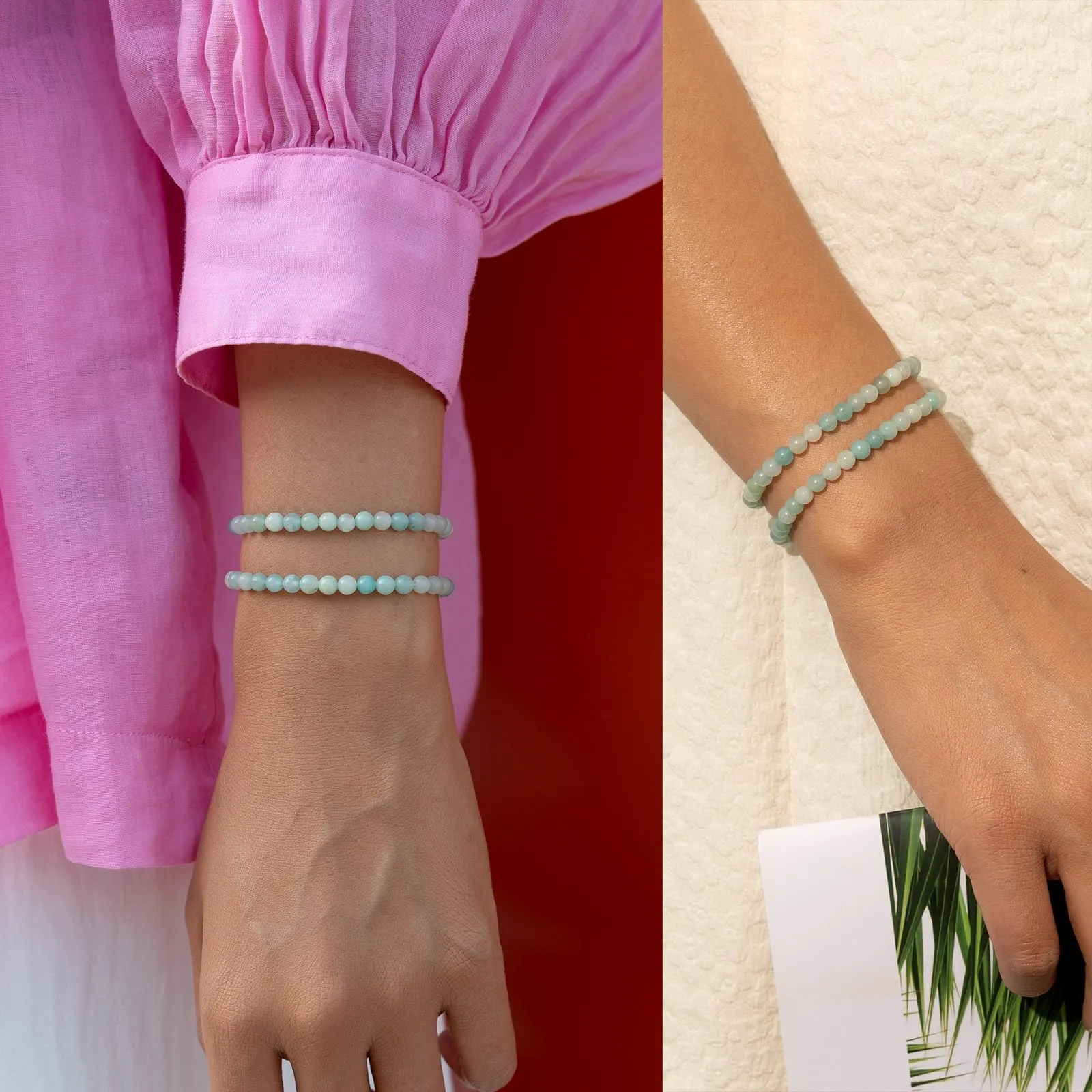Landorilo Bracciale in Pietra Naturale Amazzonite Blu, 4 mm, Set da 2 pezzi - immagine 2
