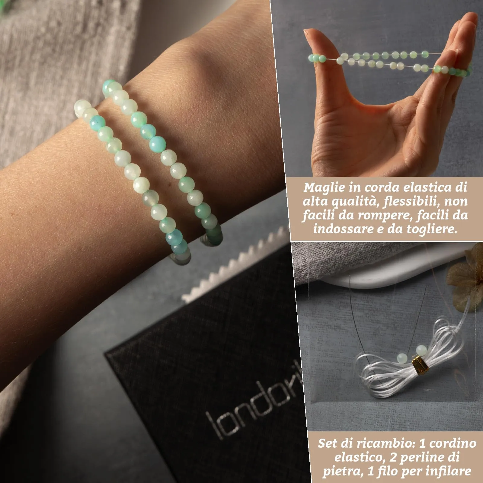 Landorilo Bracciale in Pietra Naturale Amazzonite Blu, 4 mm, Set da 2 pezzi - immagine 5