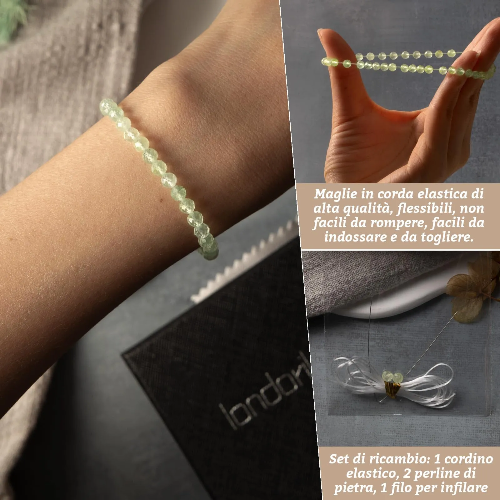 Landorilo Bracciale in Pietra Naturale Sfaccettata, 4 mm, Pietra Dell'uva, 18-19 cm - immagine 5