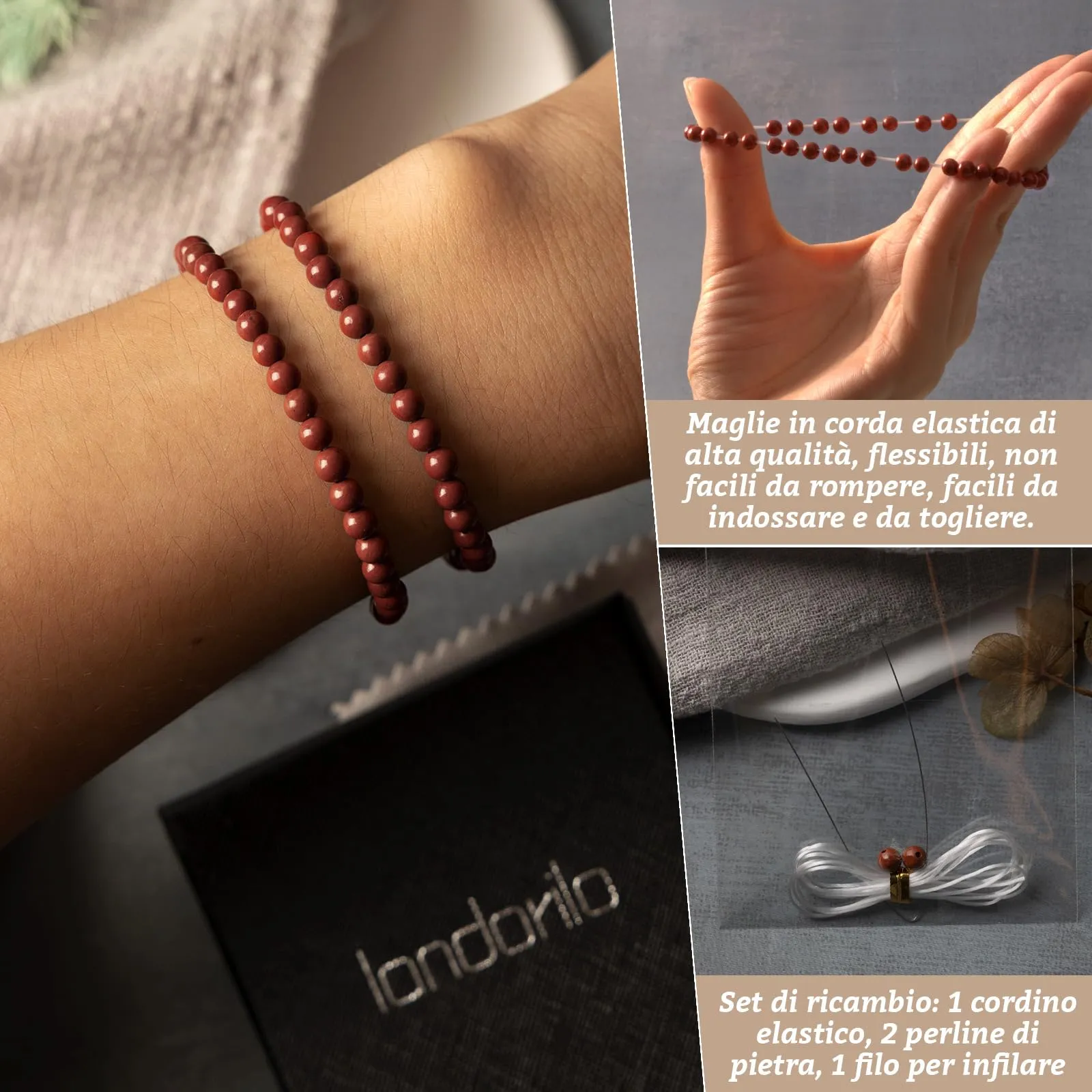 Landorilo Bracciale in Pietra Naturale Diaspro Rosso, 4 mm, Set da 2 Pezzi - immagine 5