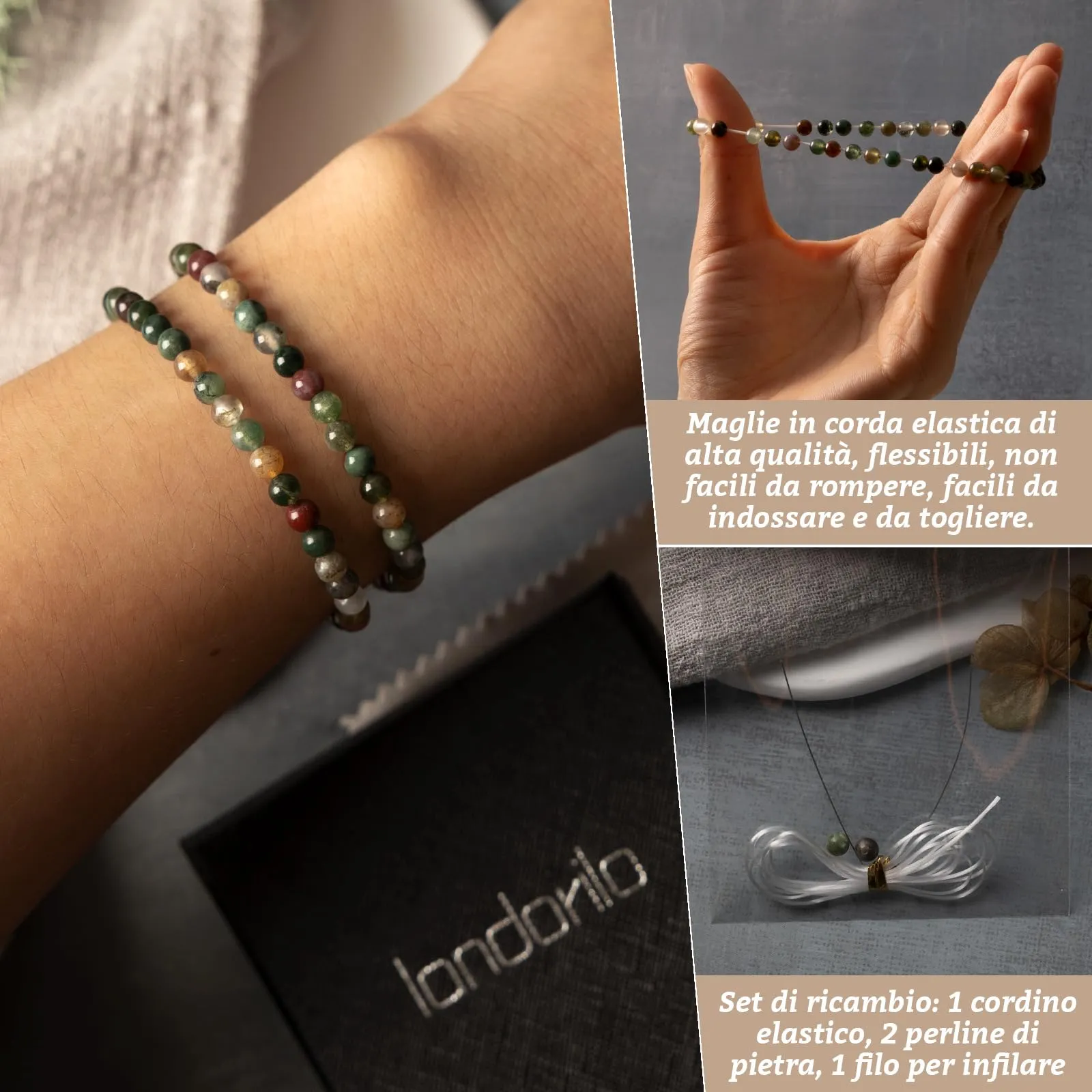 Landorilo Bracciale in Pietra Naturale Agata Indiana, 4 mm, Set da 2 Pezzi - immagine 5