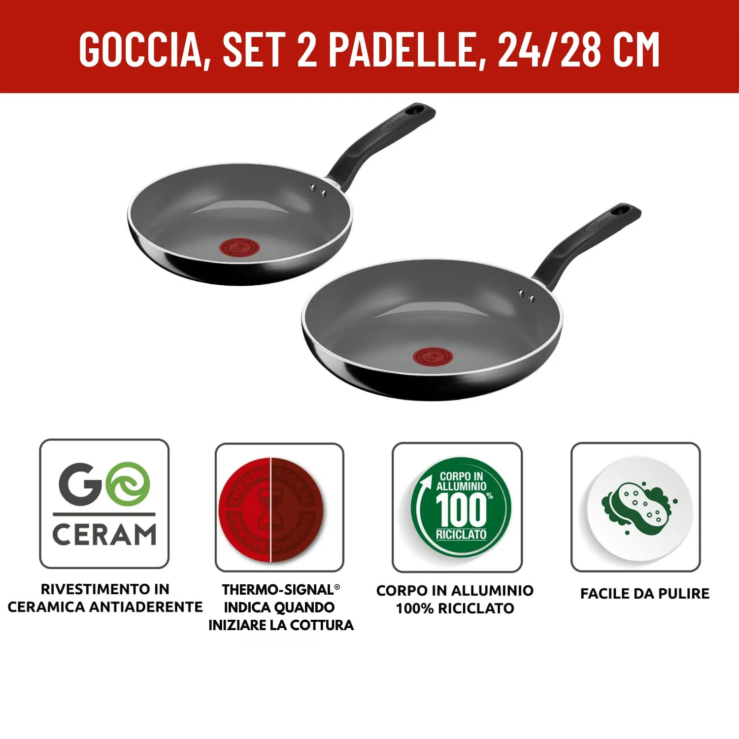 Lagostina Goccia Set 2 Padelle 24/28 cm, Rivestimento in Ceramica Antiaderente, Thermo-Signal, Compatibile con Induzione - immagine 2