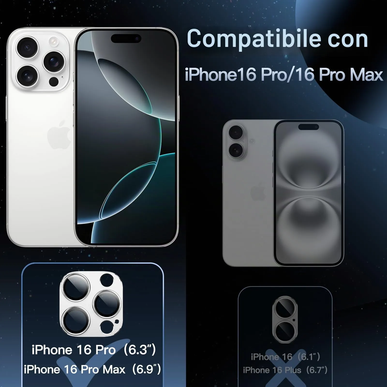 JETech Pellicola Protettiva Fotocamera per iPhone 16 Pro/16 Pro Max, Argento - immagine 2