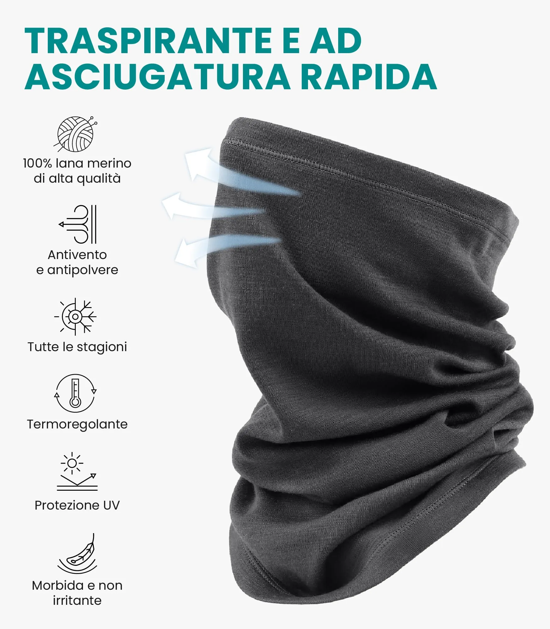 Merino.tech Scaldacollo Lana Merino Unisex - 165 Charcoal - immagine 2