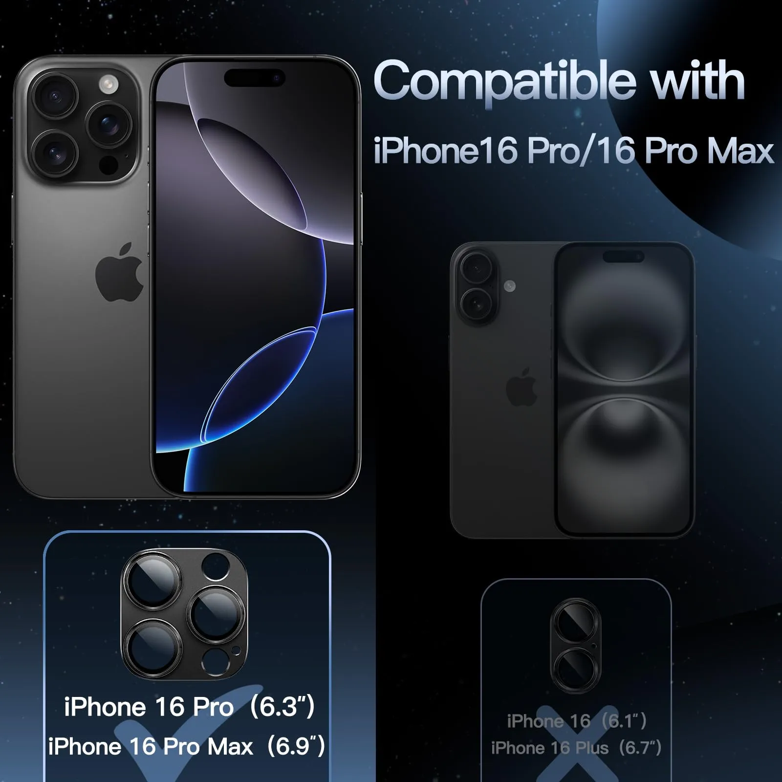 JETech Pellicola Protettiva Fotocamera per iPhone 16 Pro / 16 Pro Max, Nero - immagine 2