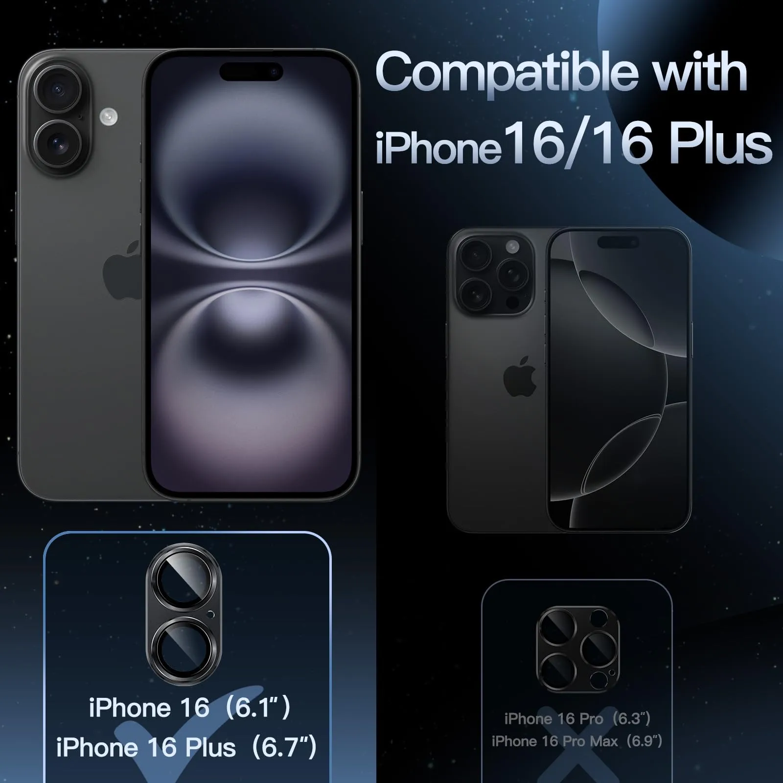 JETech Pellicola Protettiva Fotocamera per iPhone 16/16 Plus, Nero - immagine 2