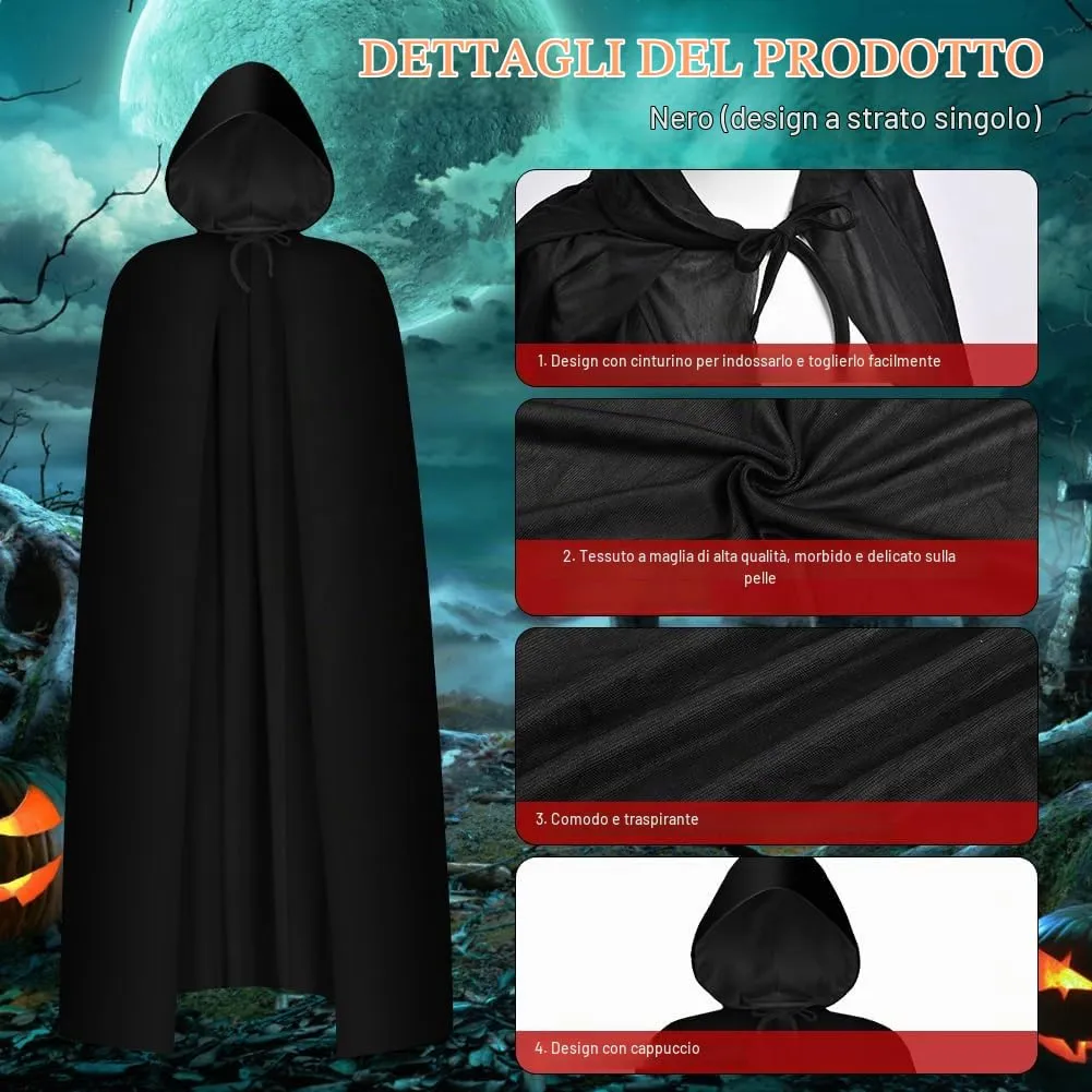 AOOWU Mantello con Cappuccio da Vampiro per Adulti, Nero, 170cm - immagine 3