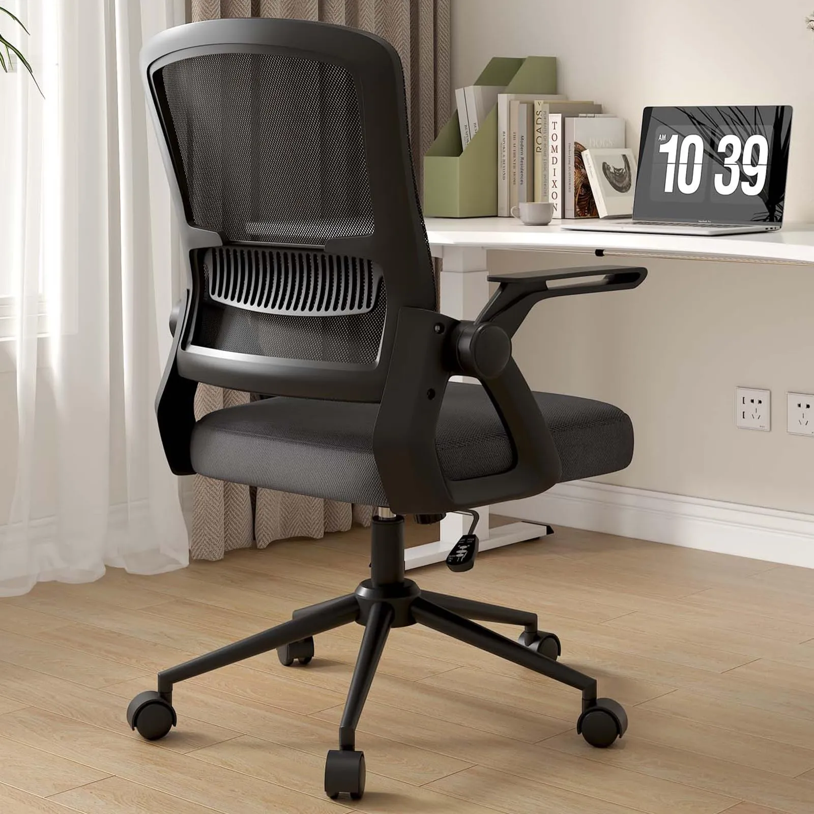 naspaluro Sedia da Ufficio Ergonomica con Braccioli Pieghevoli, Seduta e Schienale in Rete, Nero - immagine 2