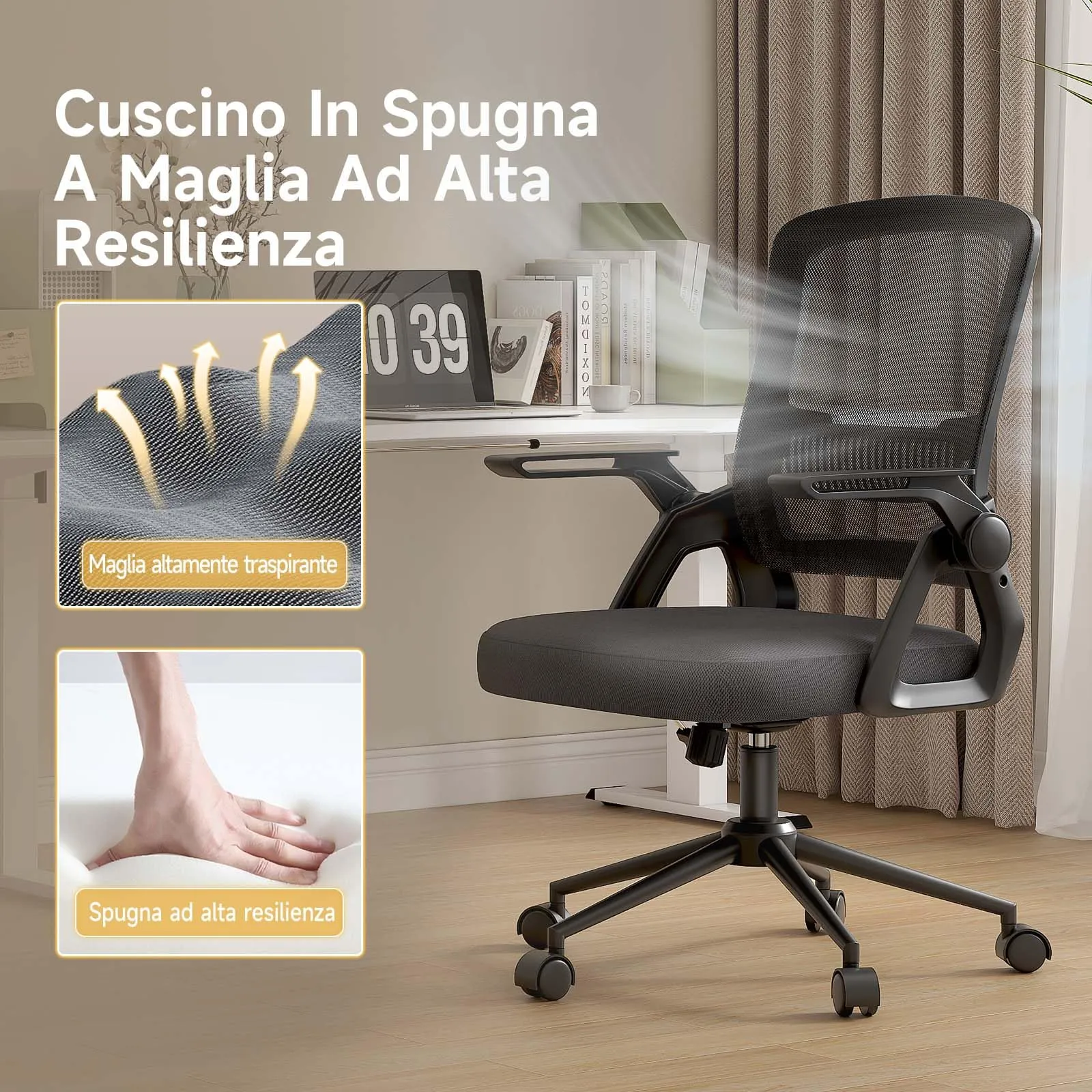 naspaluro Sedia da Ufficio Ergonomica con Braccioli Pieghevoli, Seduta e Schienale in Rete, Nero - immagine 3