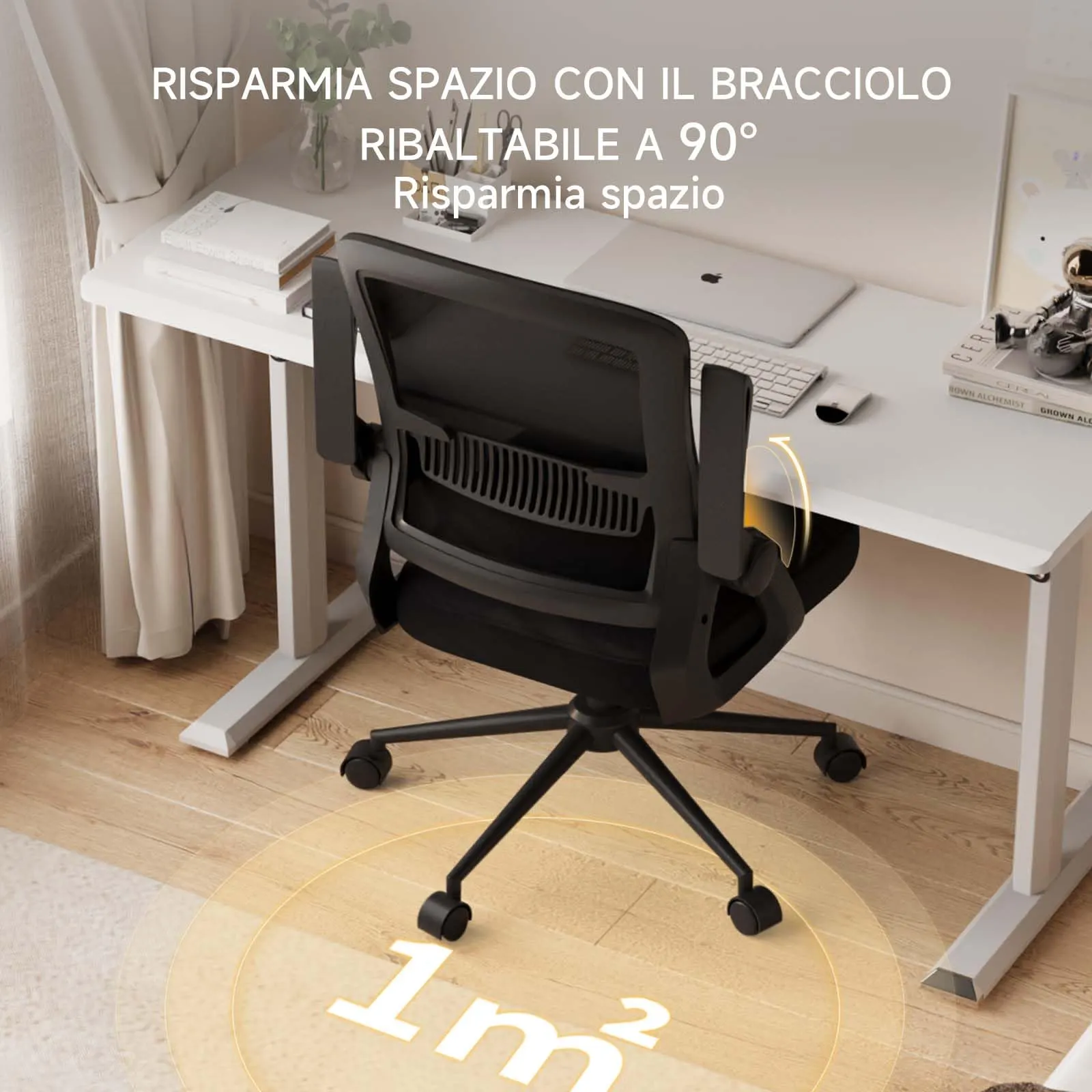 naspaluro Sedia da Ufficio Ergonomica con Braccioli Pieghevoli, Seduta e Schienale in Rete, Nero - immagine 4