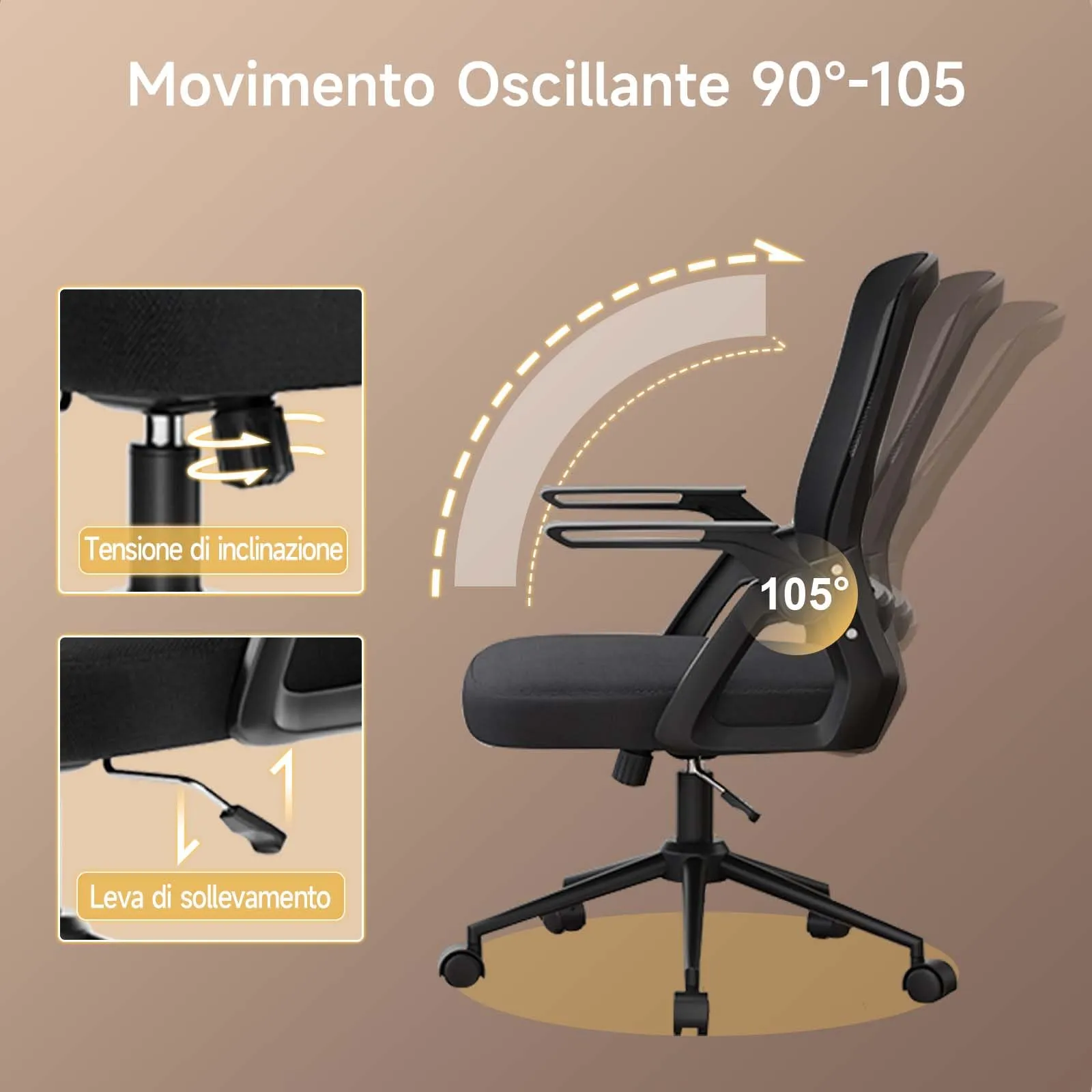 naspaluro Sedia da Ufficio Ergonomica con Braccioli Pieghevoli, Seduta e Schienale in Rete, Nero - immagine 5