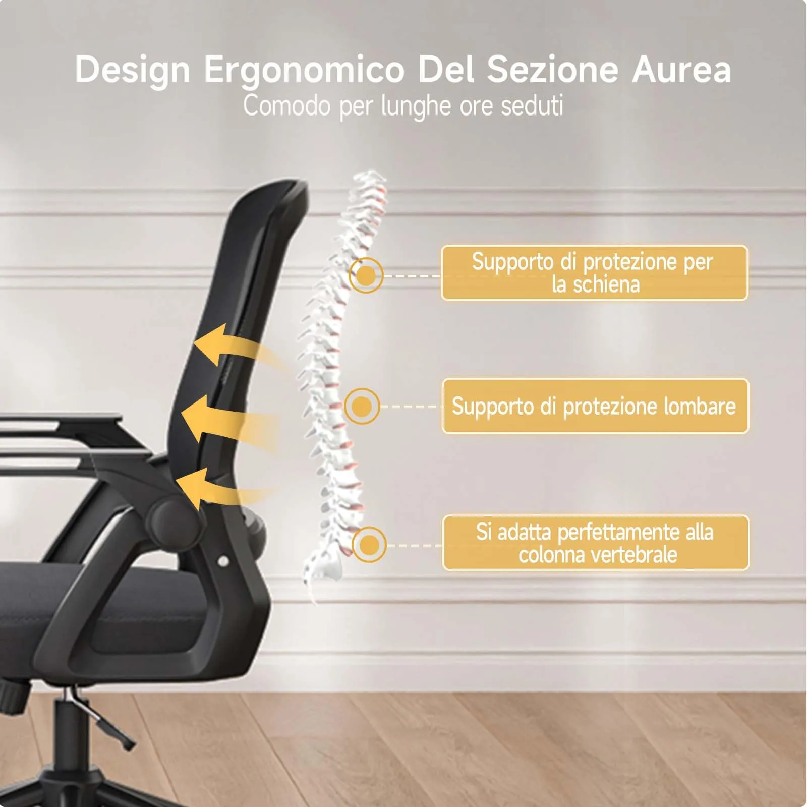 naspaluro Sedia da Ufficio Ergonomica con Braccioli Pieghevoli, Seduta e Schienale in Rete, Nero - immagine 6