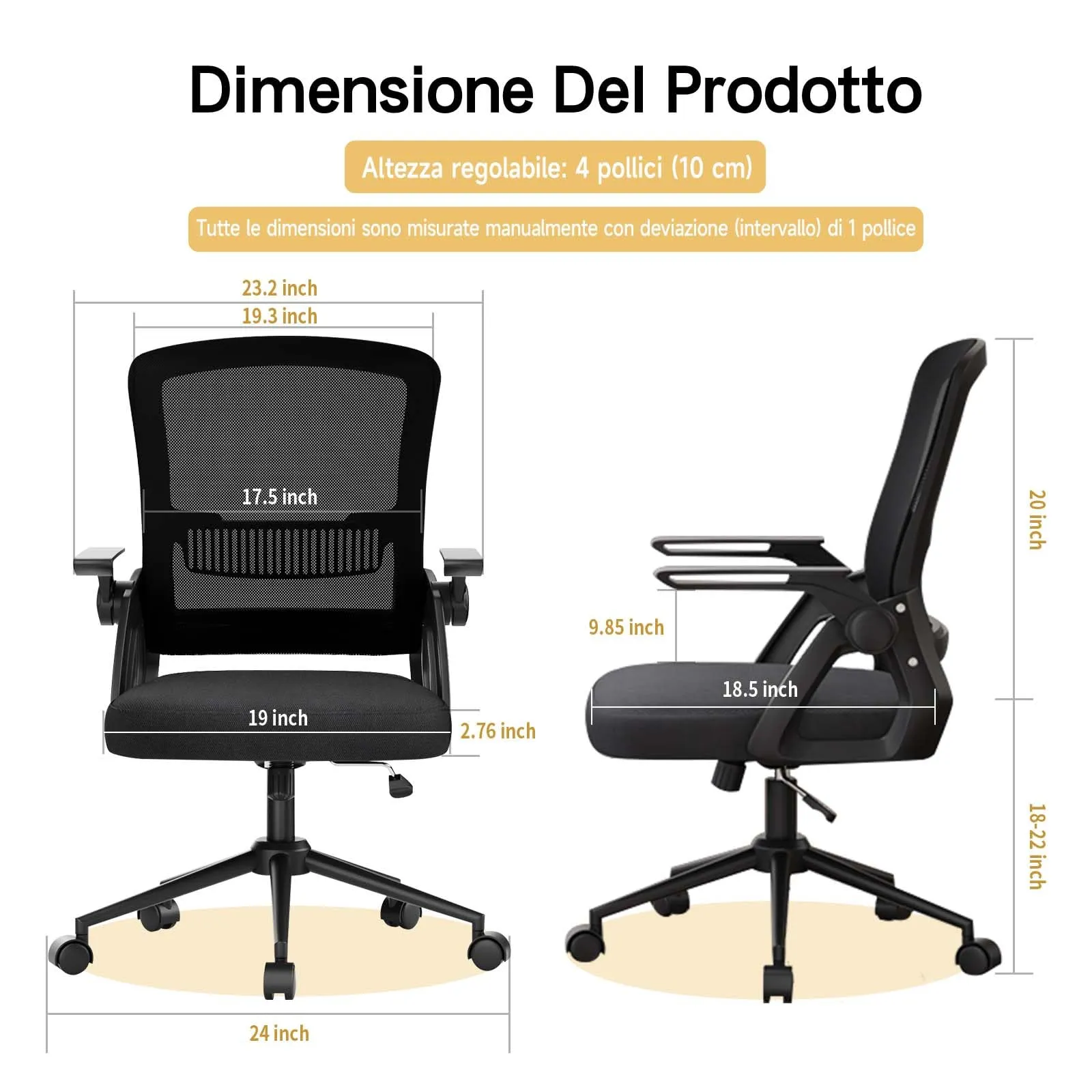 naspaluro Sedia da Ufficio Ergonomica con Braccioli Pieghevoli, Seduta e Schienale in Rete, Nero - immagine 8
