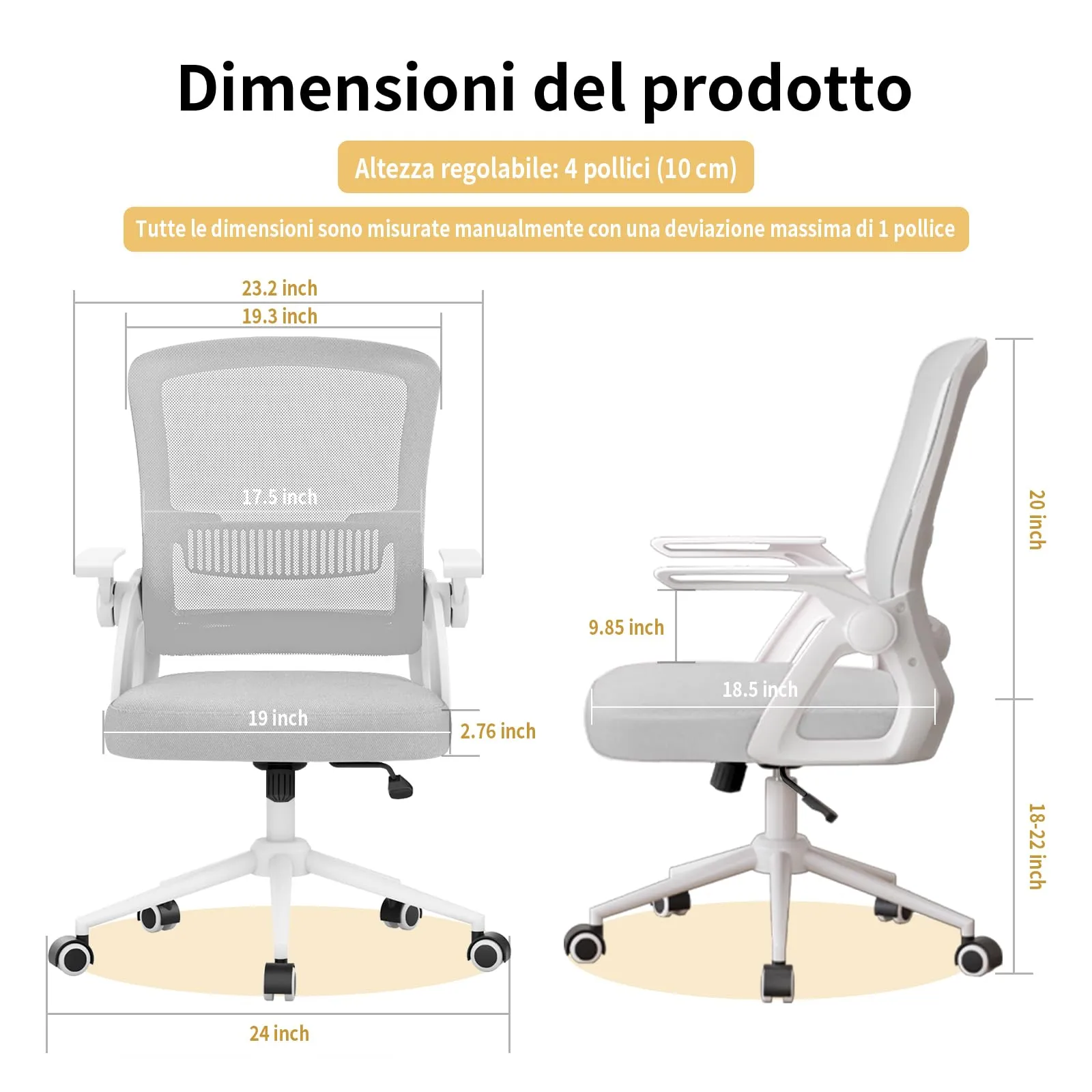 naspaluro Sedia da Ufficio Ergonomica con Braccioli Pieghevoli, Seduta e Schienale in Rete, Grigio - immagine 2