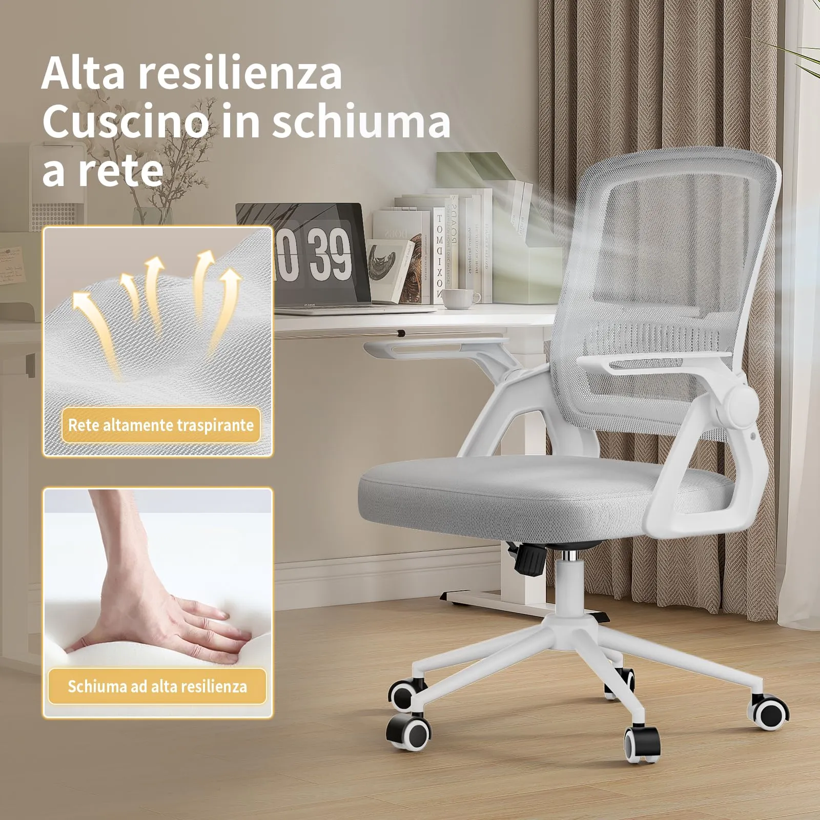 naspaluro Sedia da Ufficio Ergonomica con Braccioli Pieghevoli, Seduta e Schienale in Rete, Grigio - immagine 3