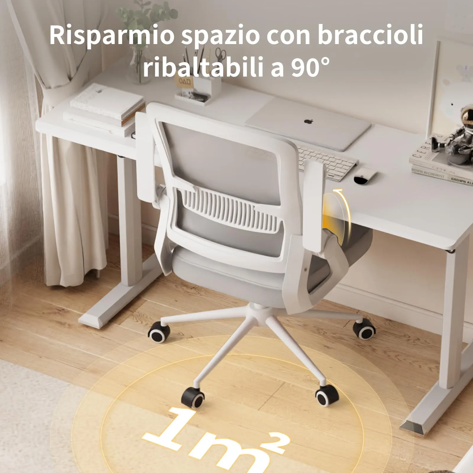naspaluro Sedia da Ufficio Ergonomica con Braccioli Pieghevoli, Seduta e Schienale in Rete, Grigio - immagine 4