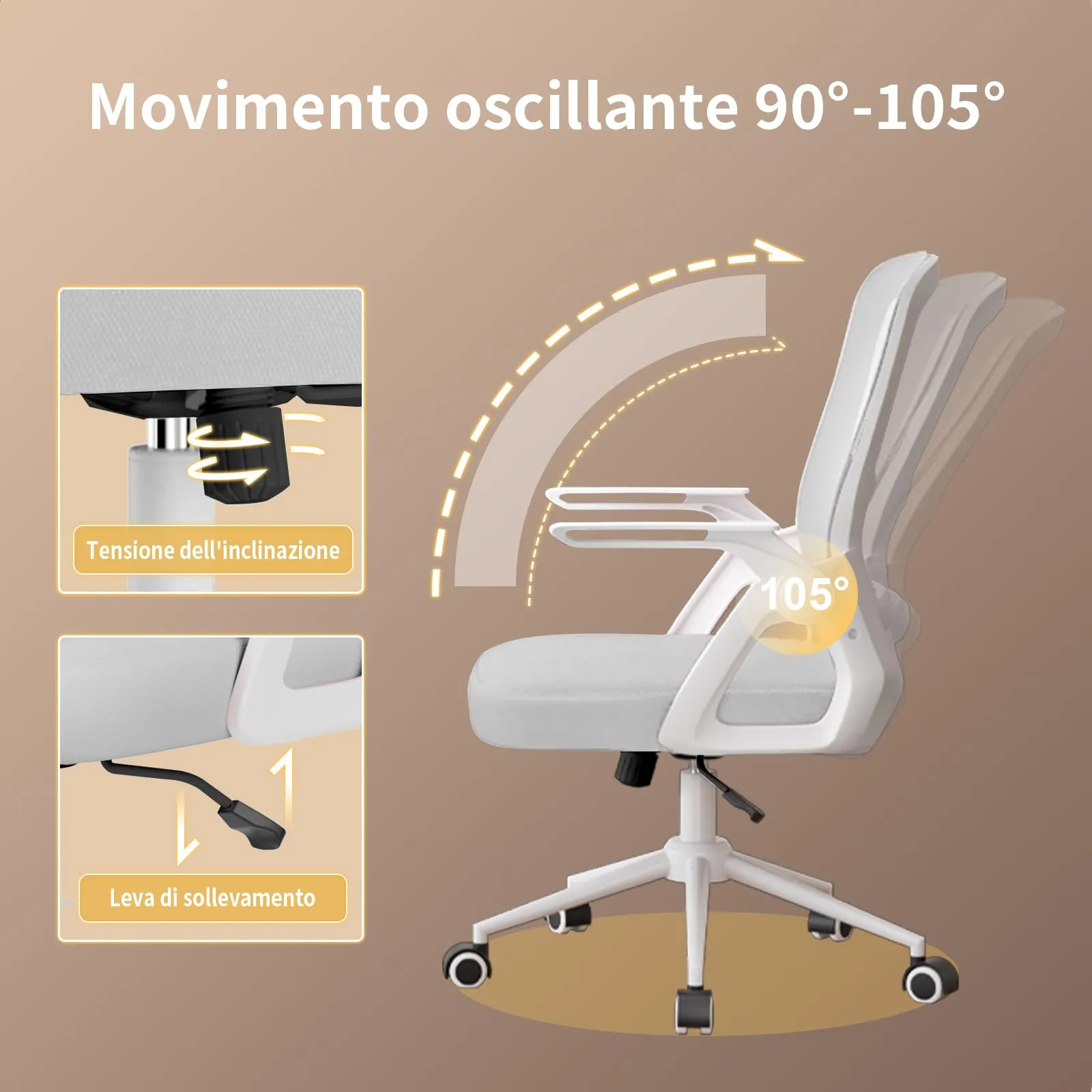 naspaluro Sedia da Ufficio Ergonomica con Braccioli Pieghevoli, Seduta e Schienale in Rete, Grigio - immagine 6