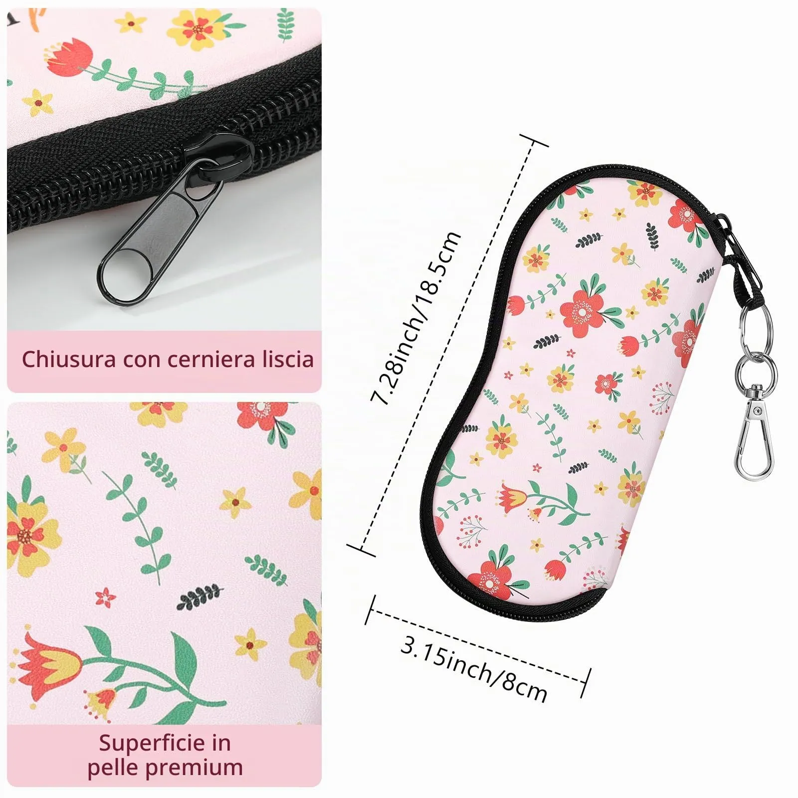 MoKo Astuccio per Occhiali in Neoprene con Clip da Cintura, Fiori Rosa - immagine 3