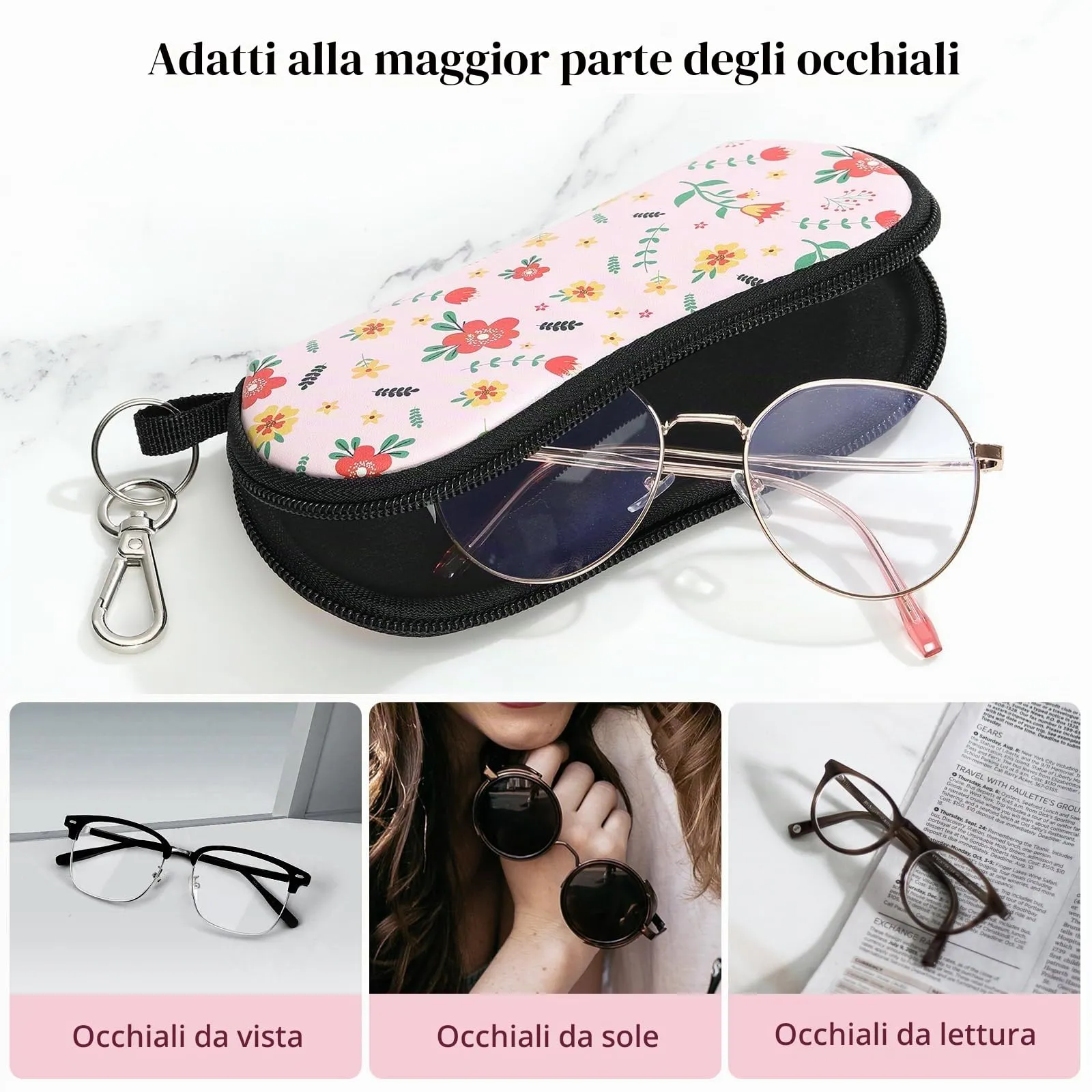 MoKo Astuccio per Occhiali in Neoprene con Clip da Cintura, Fiori Rosa - immagine 4