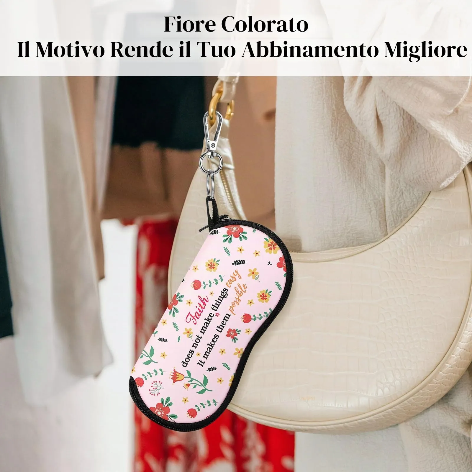 MoKo Astuccio per Occhiali in Neoprene con Clip da Cintura, Fiori Rosa - immagine 6