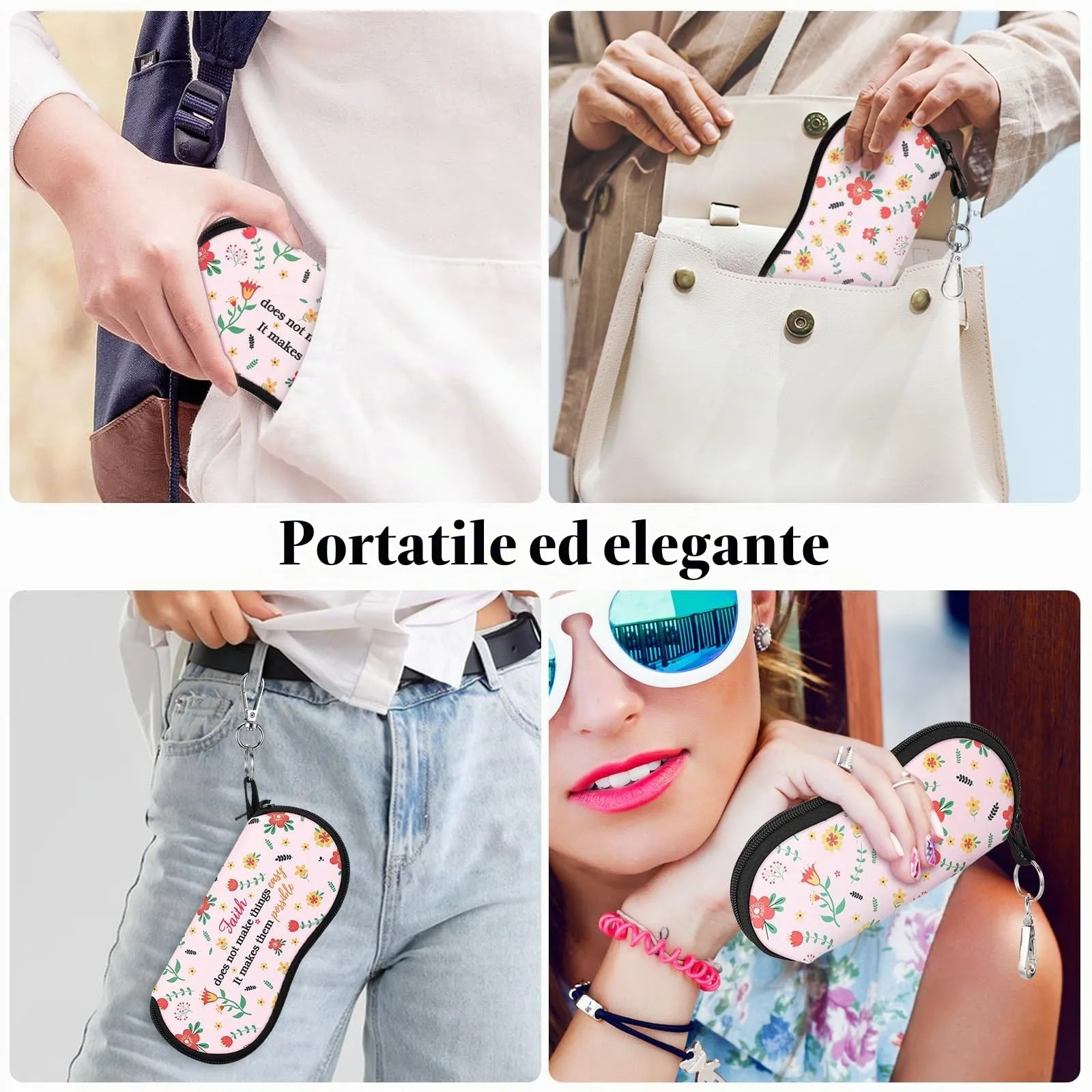 MoKo Astuccio per Occhiali in Neoprene con Clip da Cintura, Fiori Rosa - immagine 7