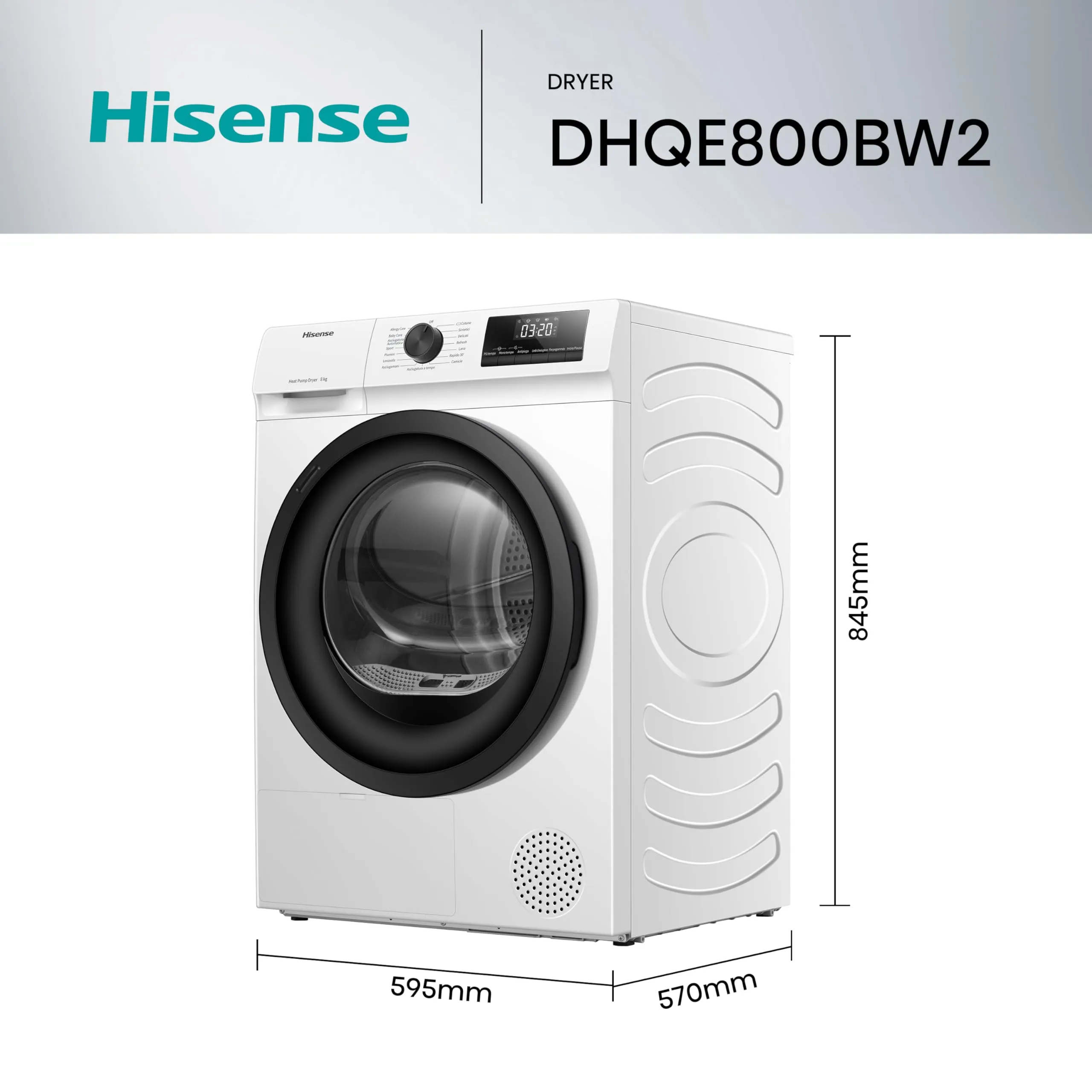 Hisense DHQE800BW2 Asciugatrice a Pompa di Calore, 8 kg, Classe D, Oblò Nero, 16 programmi, Refresh - immagine 2