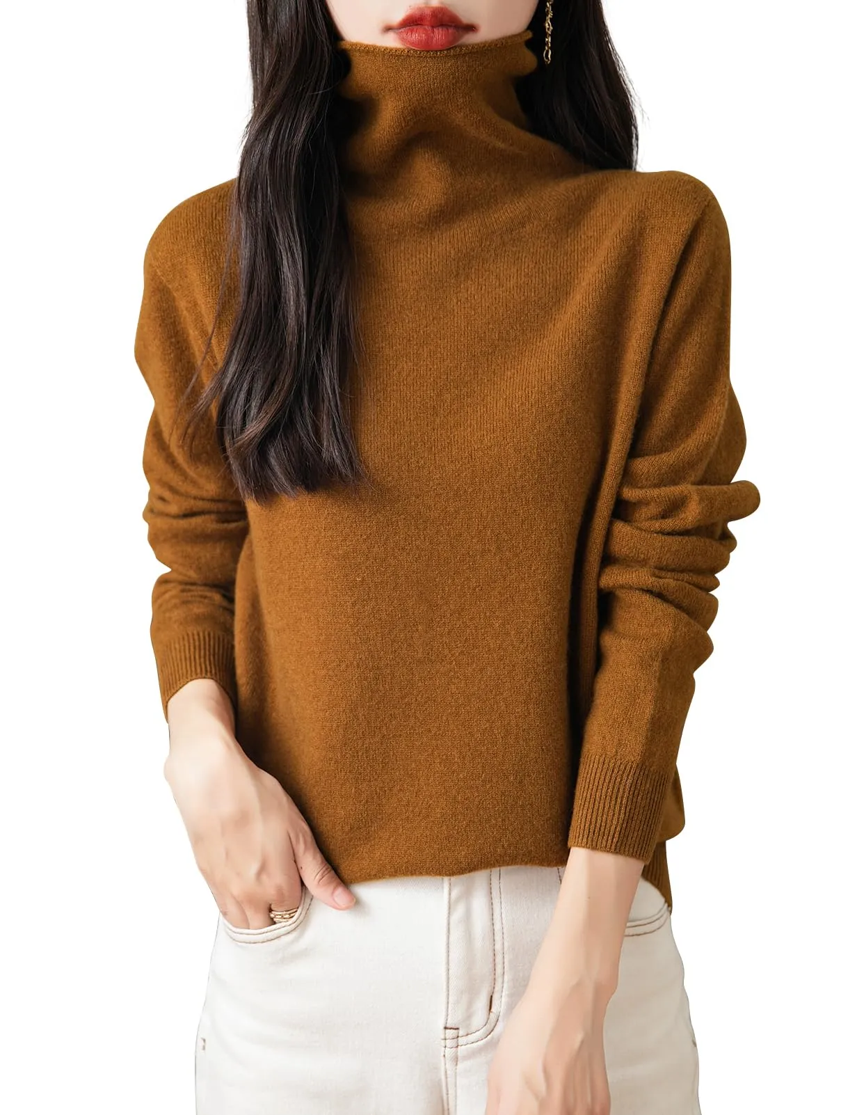 Chanyarn Maglione da Donna in 100% Lana Merino Collo Alto Senza Cuciture (Caramel, L) - immagine 1