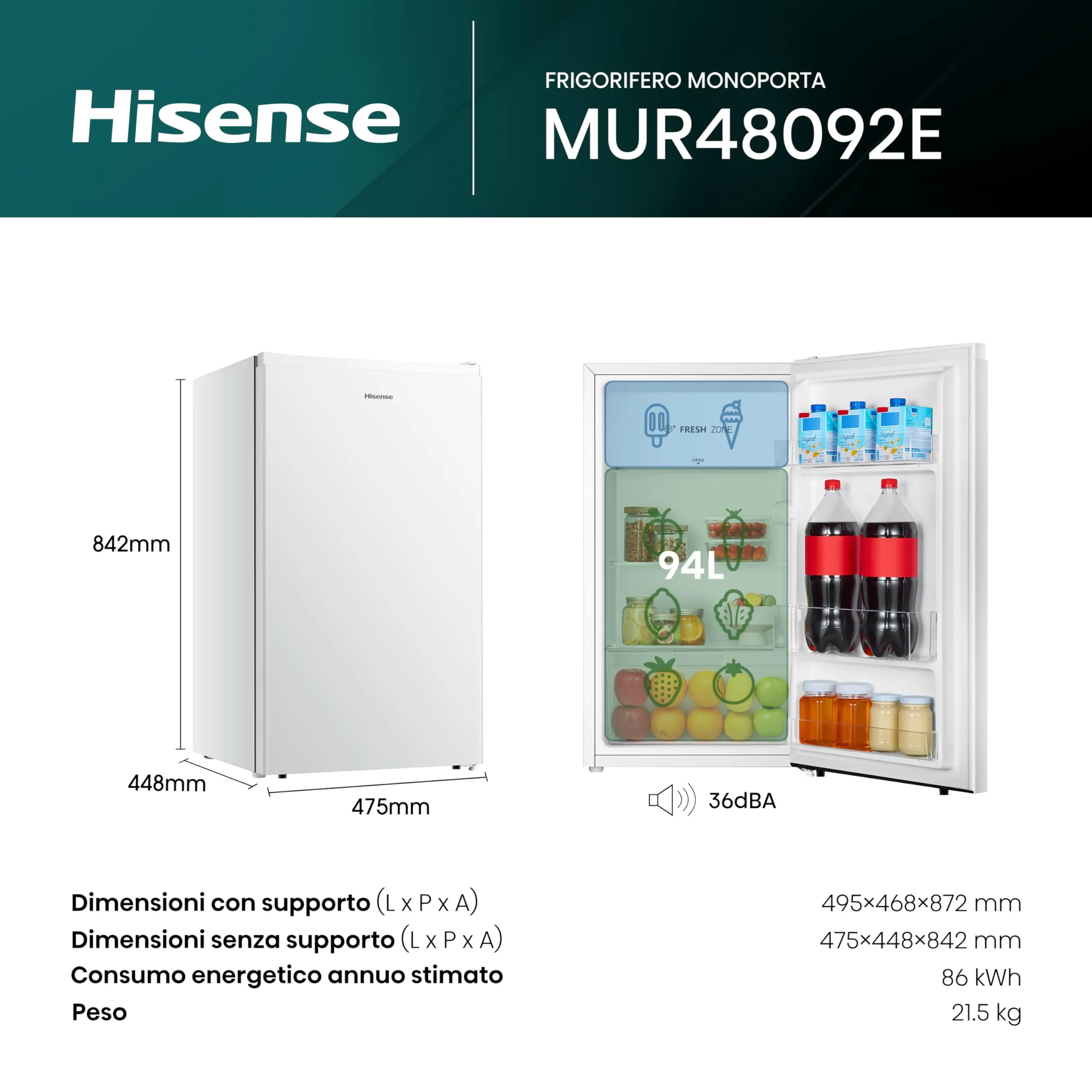 Hisense MUR48092E Frigorifero Monoporta Classe E, Bianco, 94 Litri - immagine 2