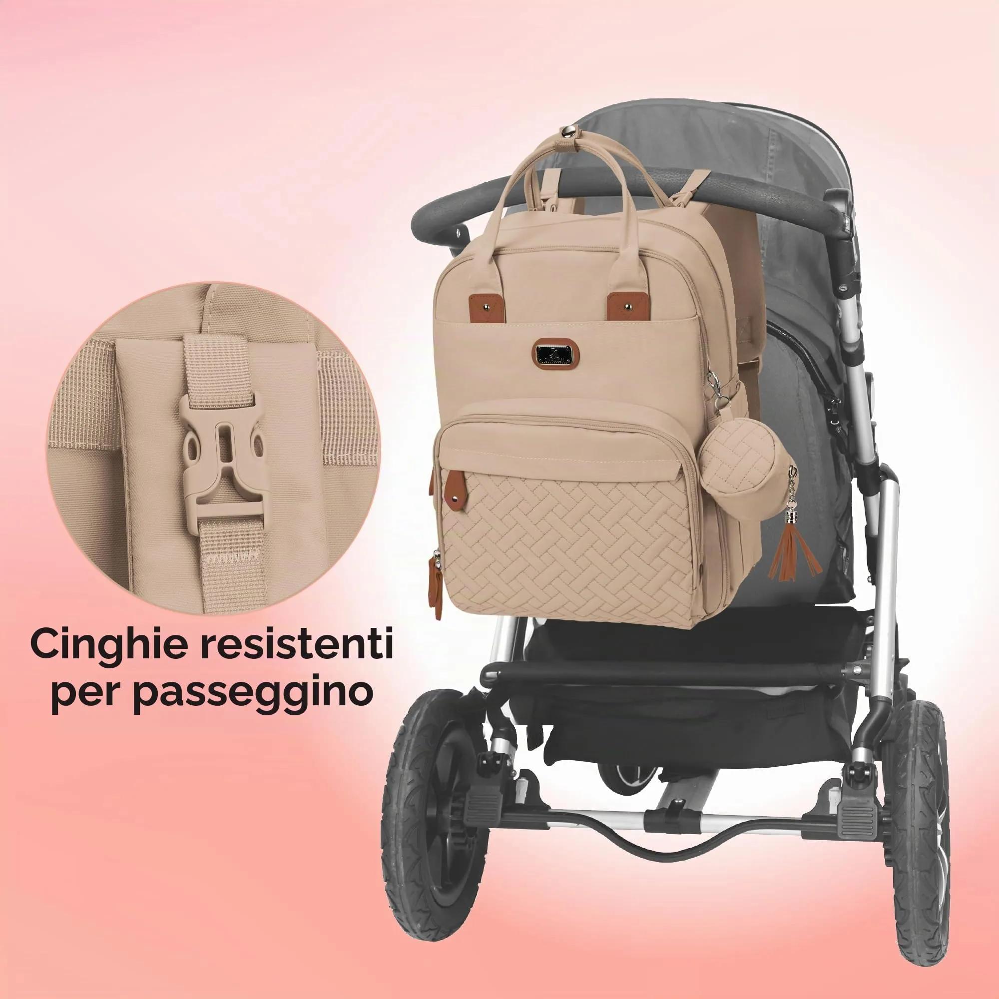 Dikaslon Zaino Fasciatoio Multifunzione con Fasciatoio Portatile e Porta Ciuccio, Cachi chiaro - immagine 4