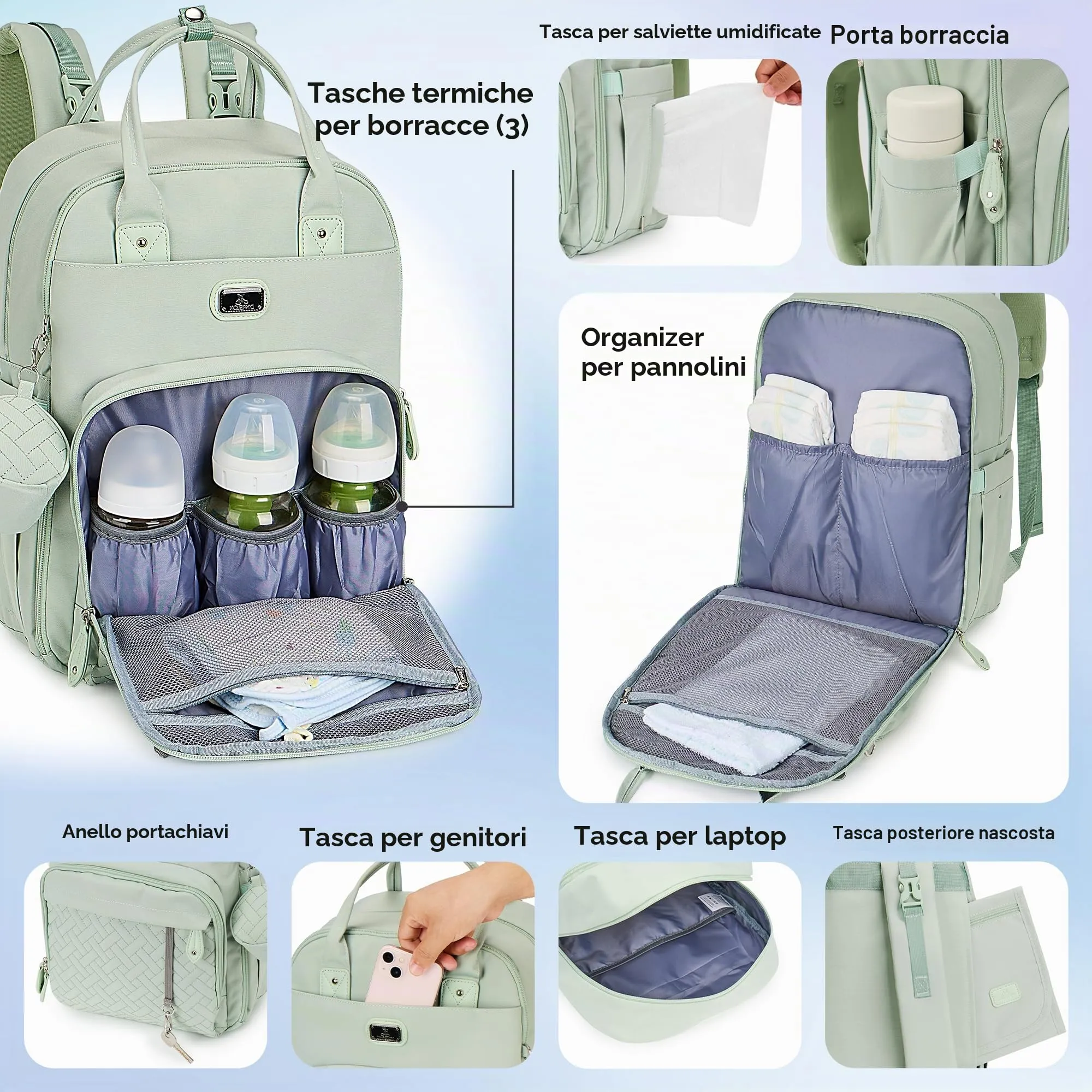 Dikaslon Zaino Fasciatoio Multifunzione con Fasciatoio Portatile, Porta Ciuccio e Cinturini per Passeggino - immagine 3