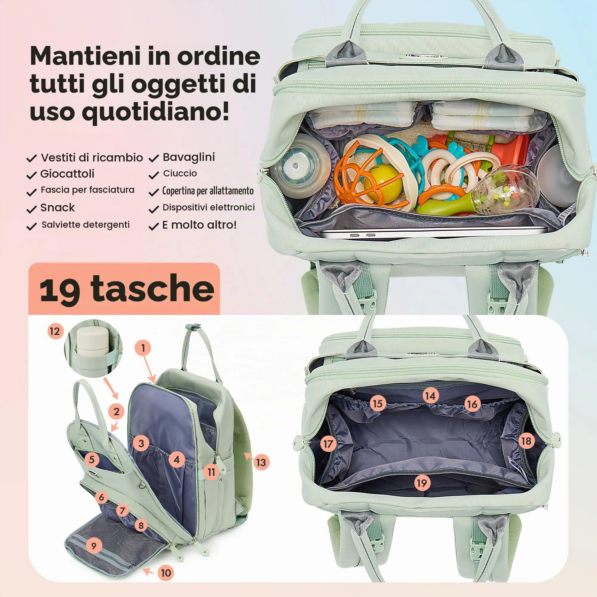 Dikaslon Zaino Fasciatoio Multifunzione con Fasciatoio Portatile, Porta Ciuccio e Cinturini per Passeggino - immagine 6