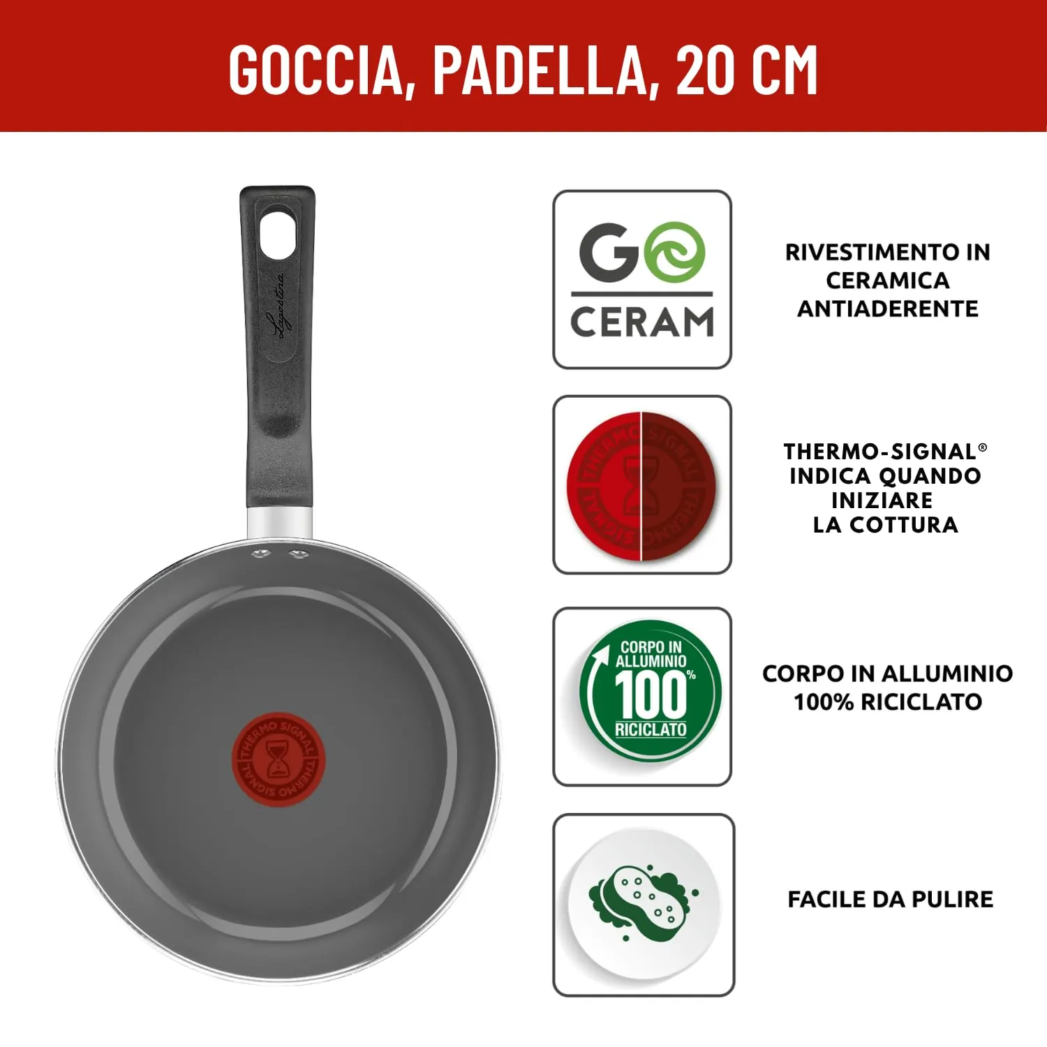 Lagostina Goccia Padella 20 cm, Rivestimento in Ceramica Antiaderente, Thermo-Signal, Compatibile con Induzione - immagine 2
