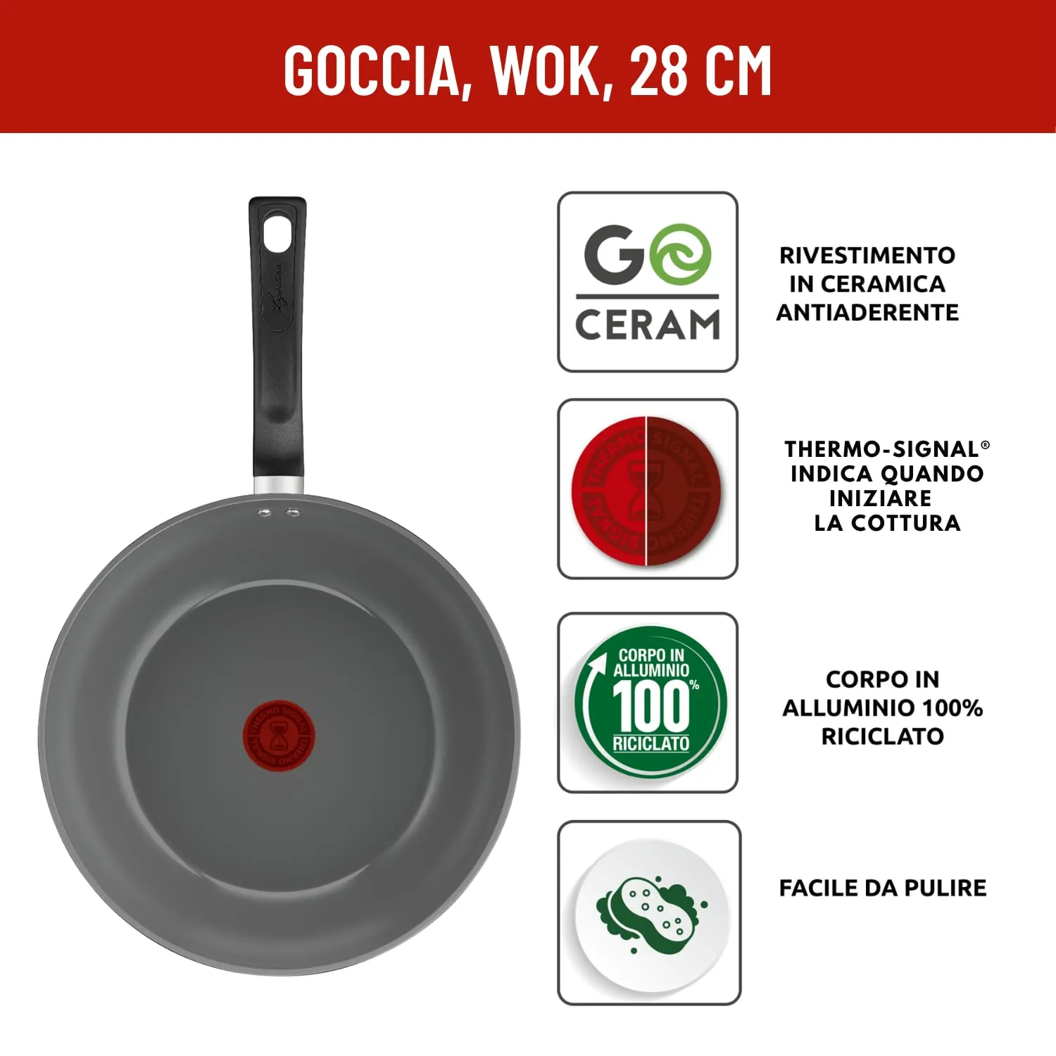 Lagostina Goccia Wok 28 cm, Rivestimento in Ceramica Antiaderente, Thermo-Signal, Compatibile con Induzione - immagine 2