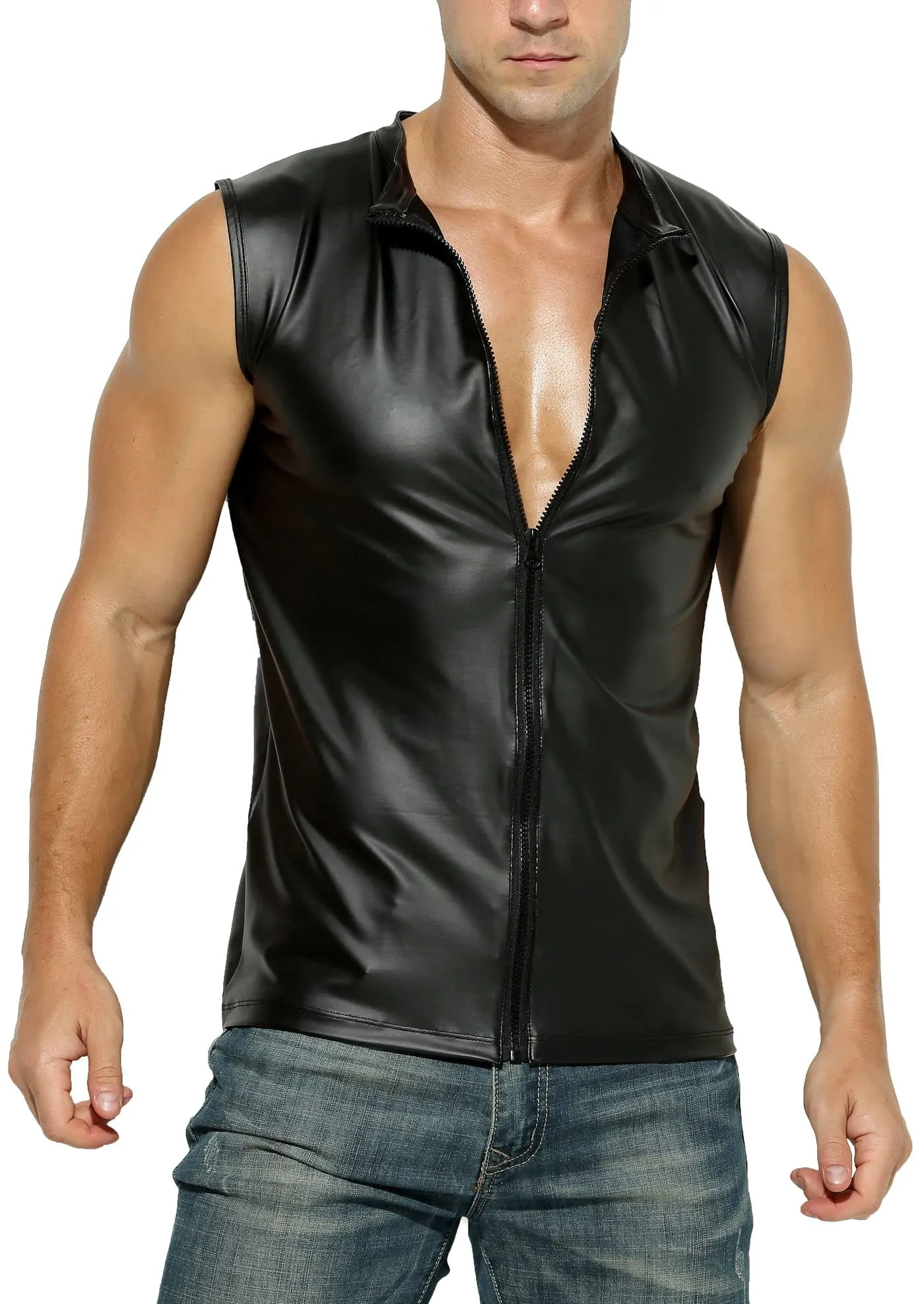 Manview Maglia da uomo in ecopelle nera, XXL - immagine 1