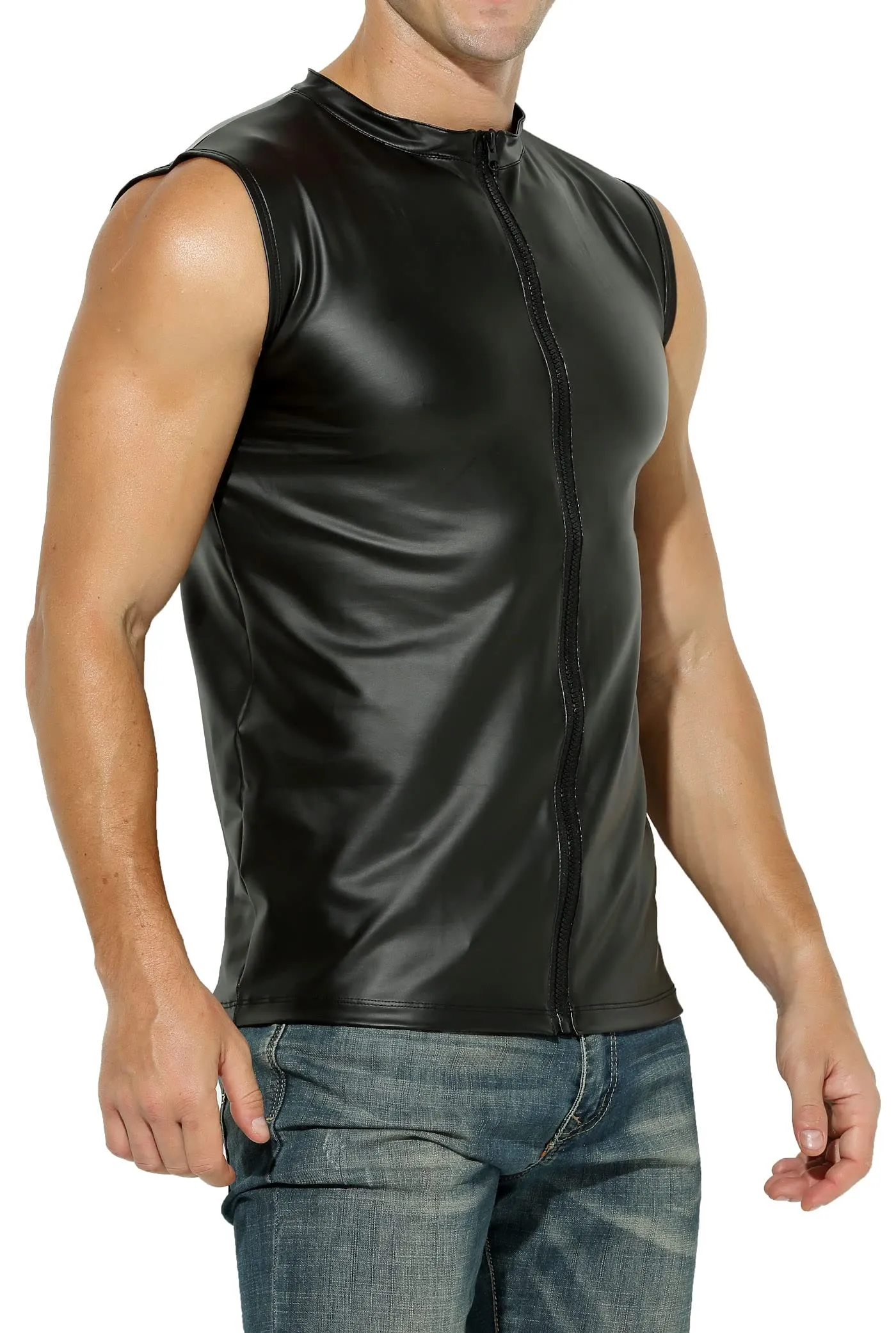 Manview Maglia da uomo in ecopelle nera, XXL - immagine 2