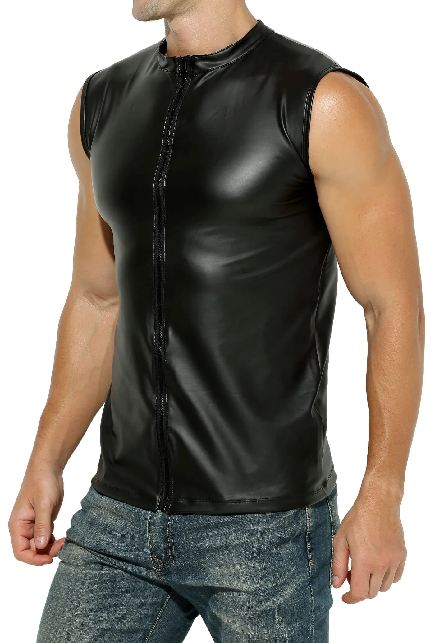 Manview Maglia da uomo in ecopelle nera, Taglia L - immagine 3