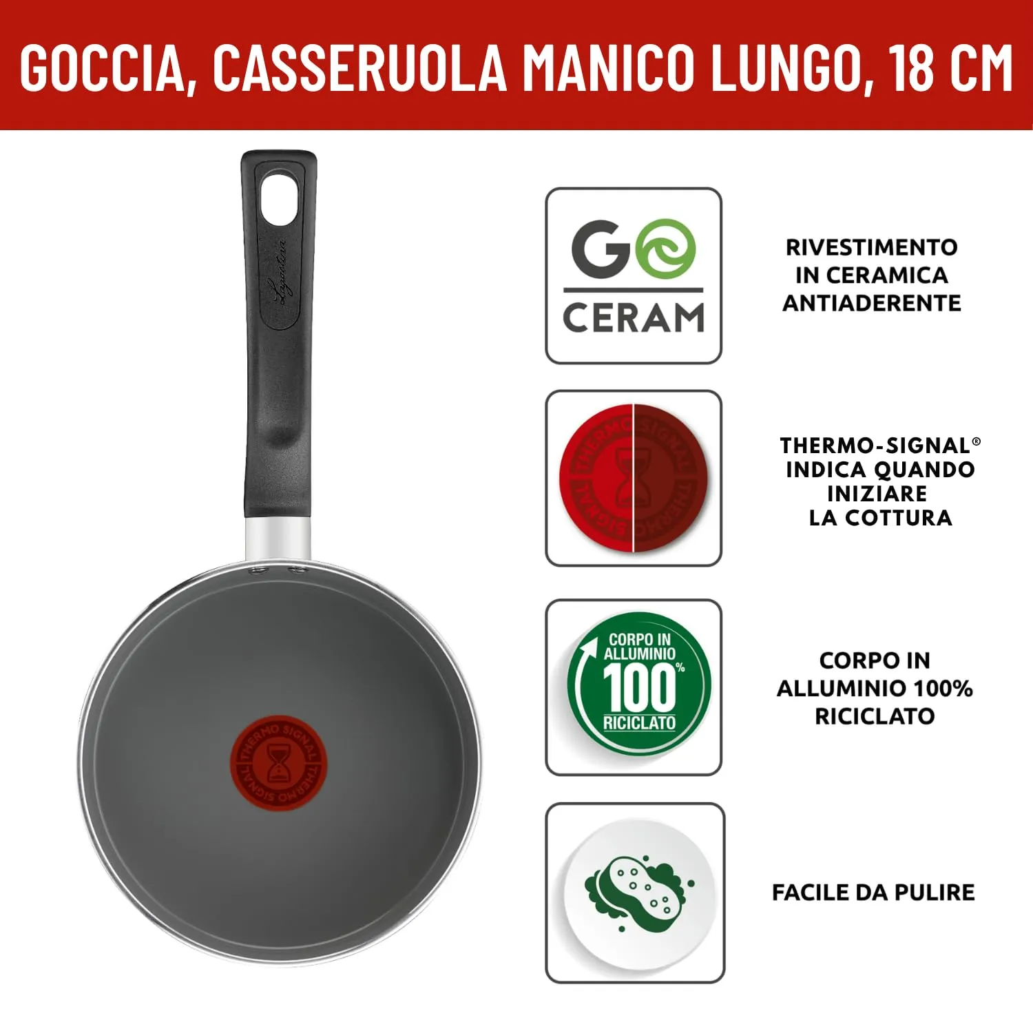 Lagostina Goccia Casseruola manico lungo 18 cm, Rivestimento in Ceramica Antiaderente, Thermo-Signal, Compatibile con Induzione - immagine 2