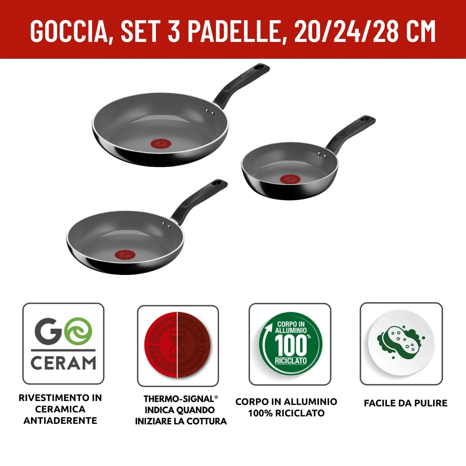 Lagostina Goccia Set 3 Padelle 20/24/28 cm, Rivestimento in Ceramica Antiaderente, Thermo-Signal, Compatibile con Induzione - immagine 2