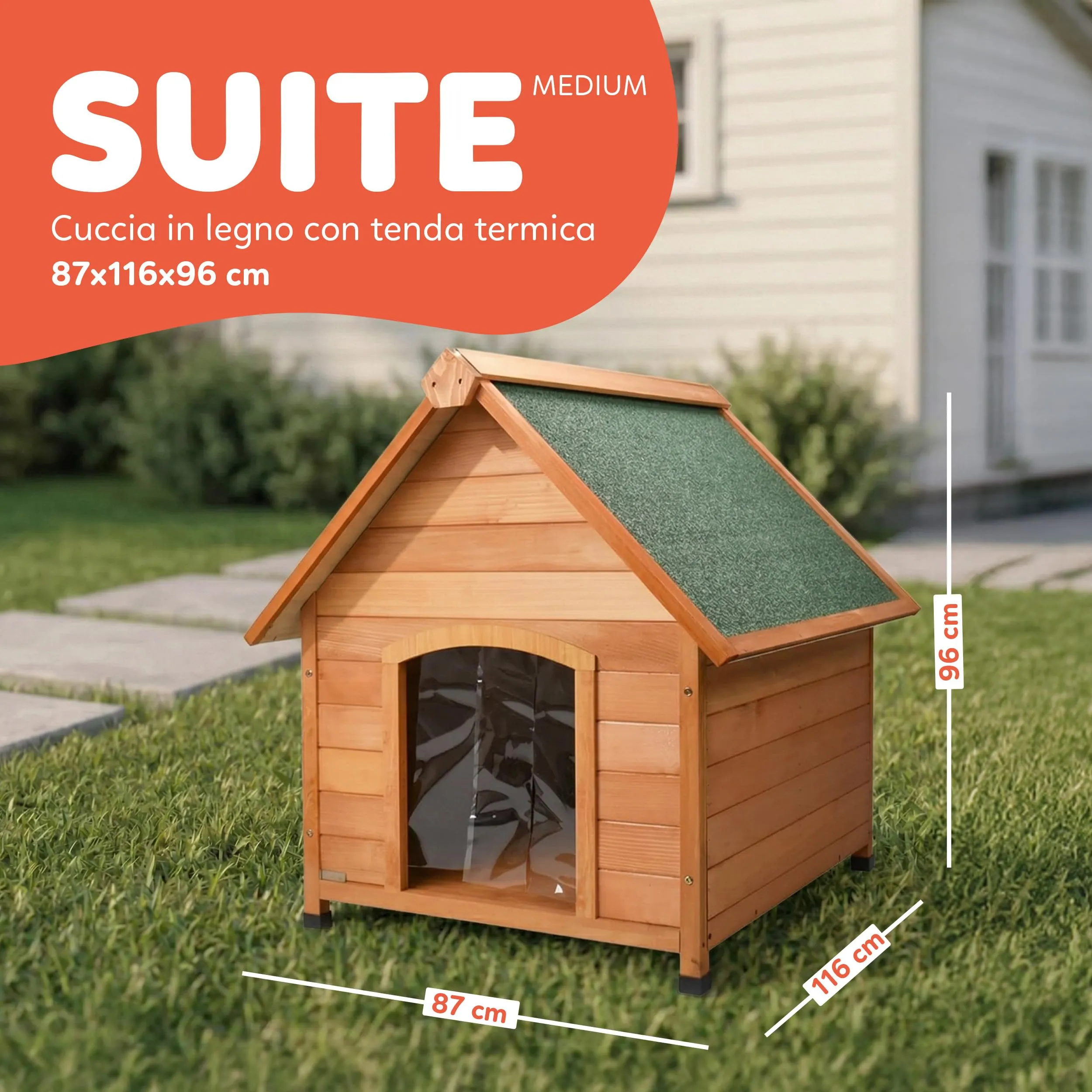 AQPET Cuccia per Cani in Legno Medium con Tetto Impermeabile e Tenda Termica, 87x116x96h cm - immagine 2