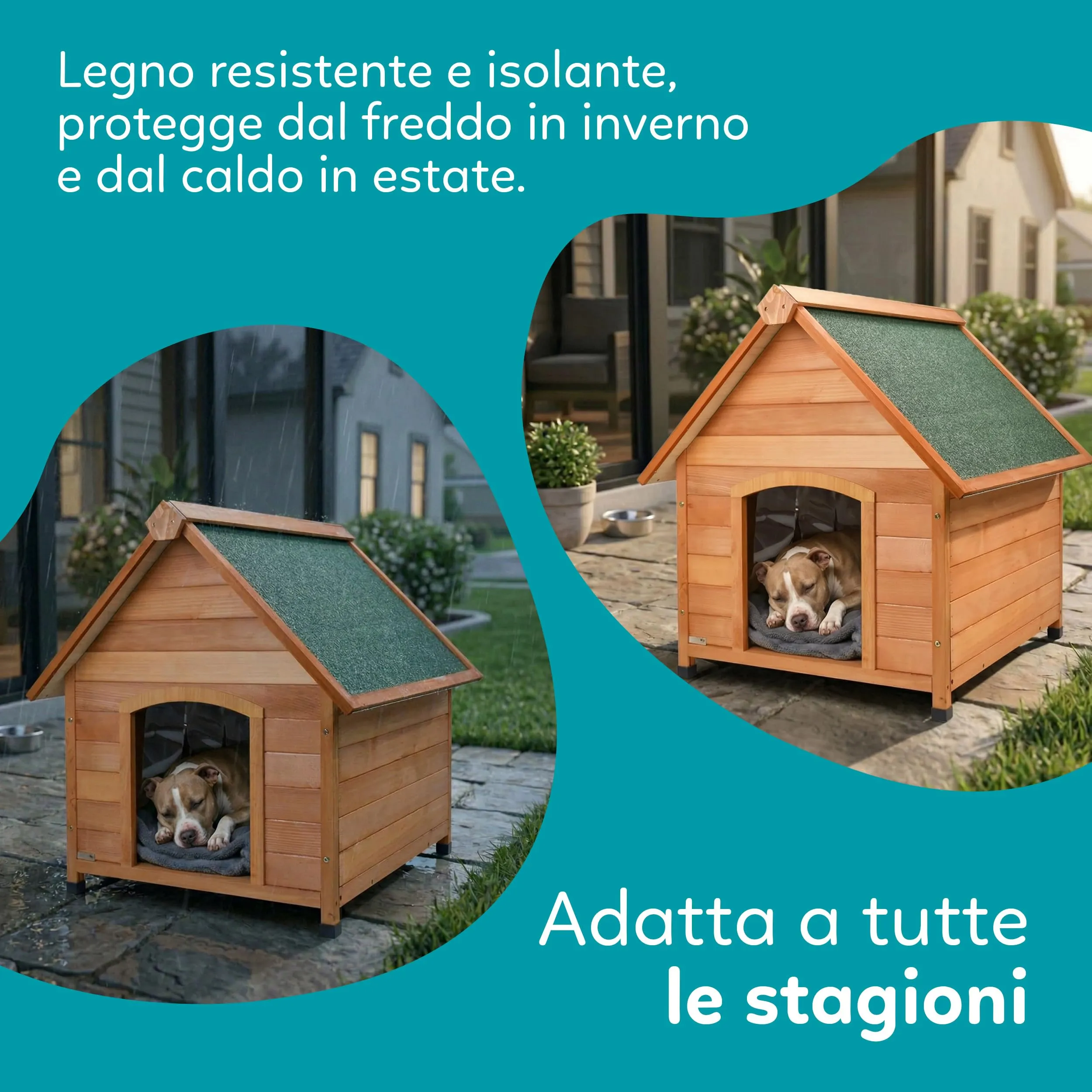 AQPET Cuccia per Cani in Legno Medium con Tetto Impermeabile e Tenda Termica, 87x116x96h cm - immagine 7