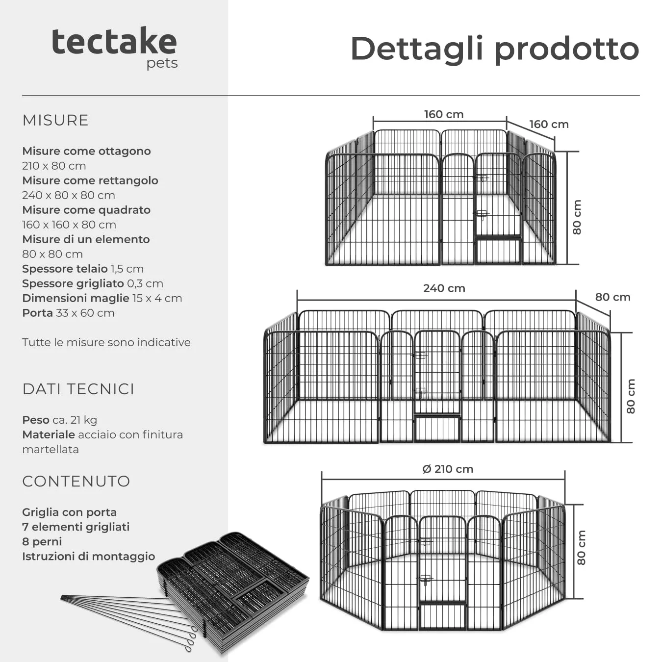 tectake Recinto per Cani, Cuccioli e Piccoli Animali, 8 Pannelli, 210 x 80 x 80 cm - immagine 6