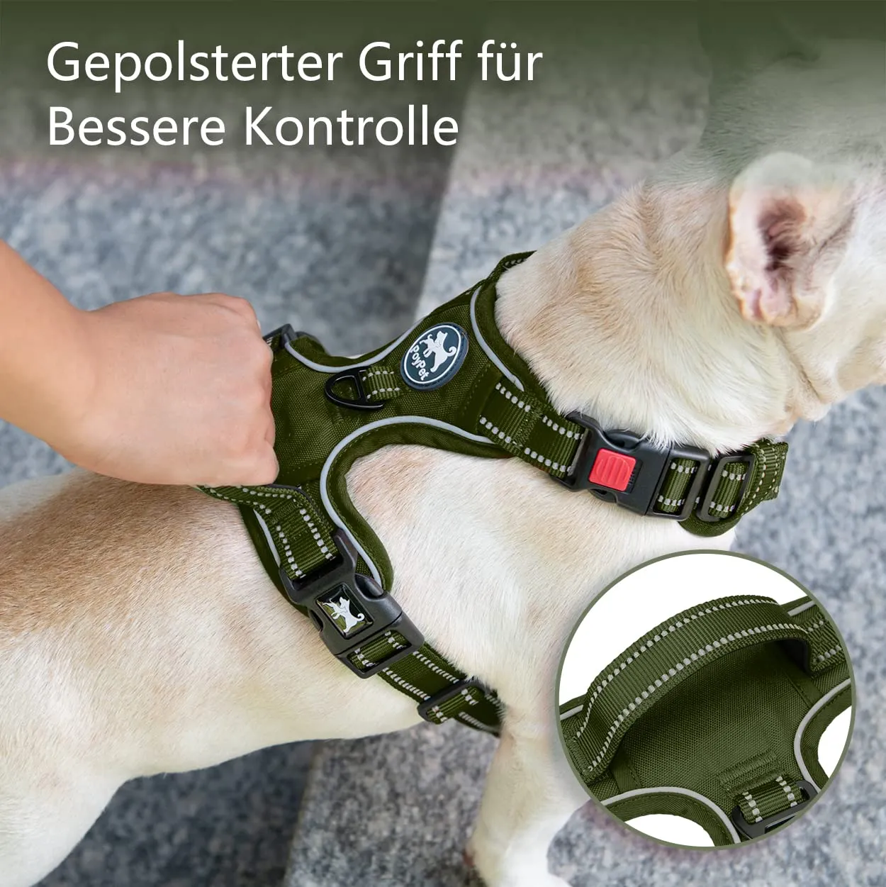 PoyPet Pettorina Anti-tiro Riflettente per Cani, Regolabile e Imbottita con Manico Easy Control, Verde Militare, XL - immagine 5