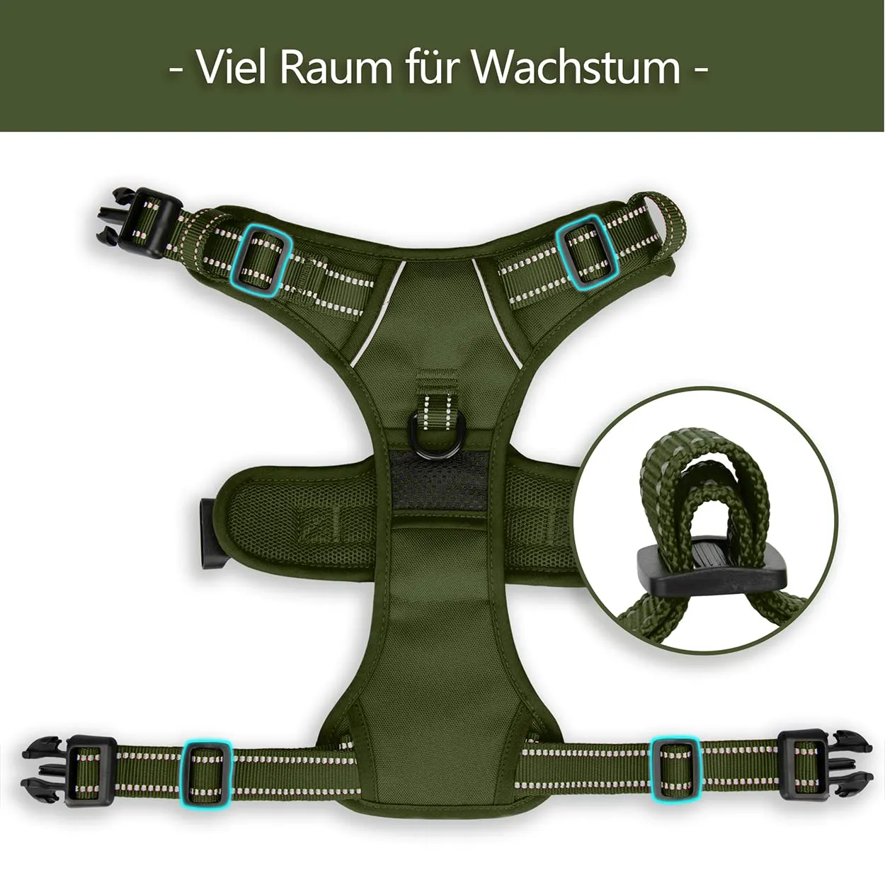 PoyPet Pettorina Anti-tiro Riflettente per Cani, Regolabile e Imbottita con Manico Easy Control, Verde Militare, XL - immagine 6