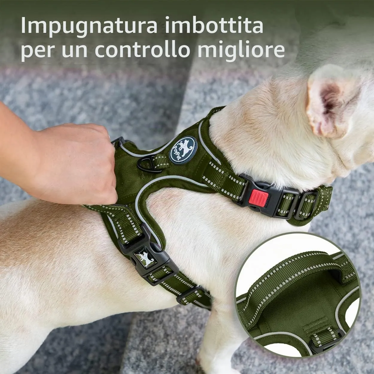 PoyPet Imbracatura per cani anti-trazione, riflettente, regolabile e imbottita (Verde militare, S) - immagine 6