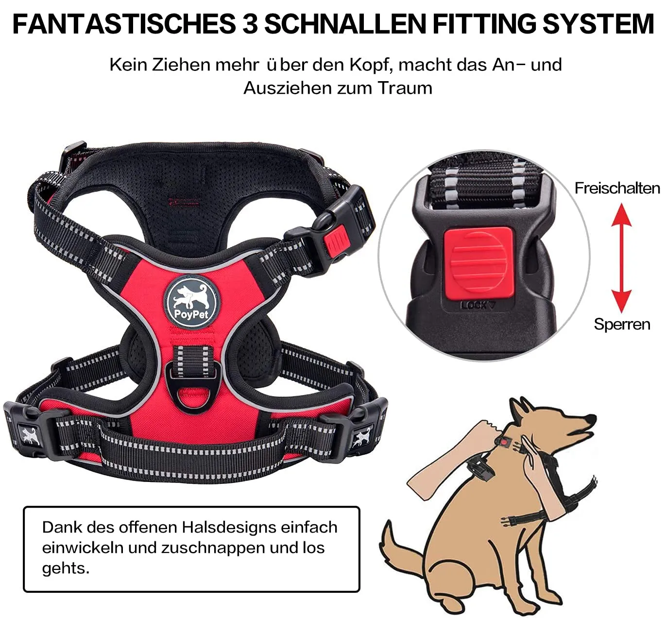 PoyPet Pettorina anti-tiro per cani con manico e riflettente, Rosso, XL - immagine 3