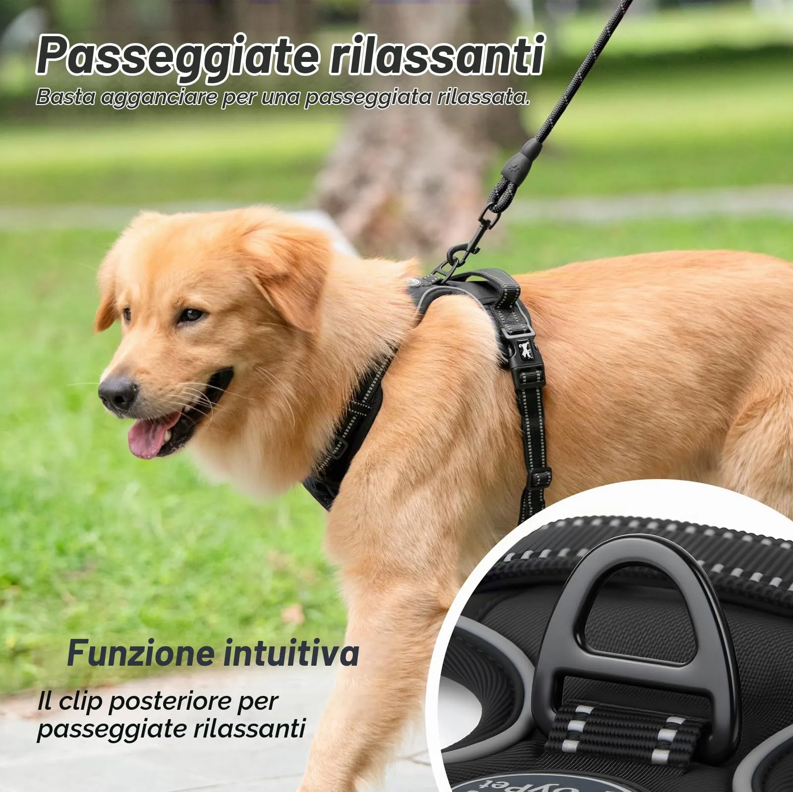 PoyPet Pettorina Anti-trazione per Cani con Manico e Dettagli Riflettenti, Nero, XL - immagine 7