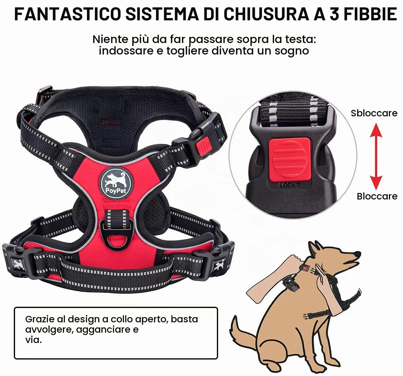 PoyPet Imbracatura No Pull Riflettente per Cani, Gilet Regolabile e Imbottito con Impugnatura Easy Control (Rosso, L) - immagine 3