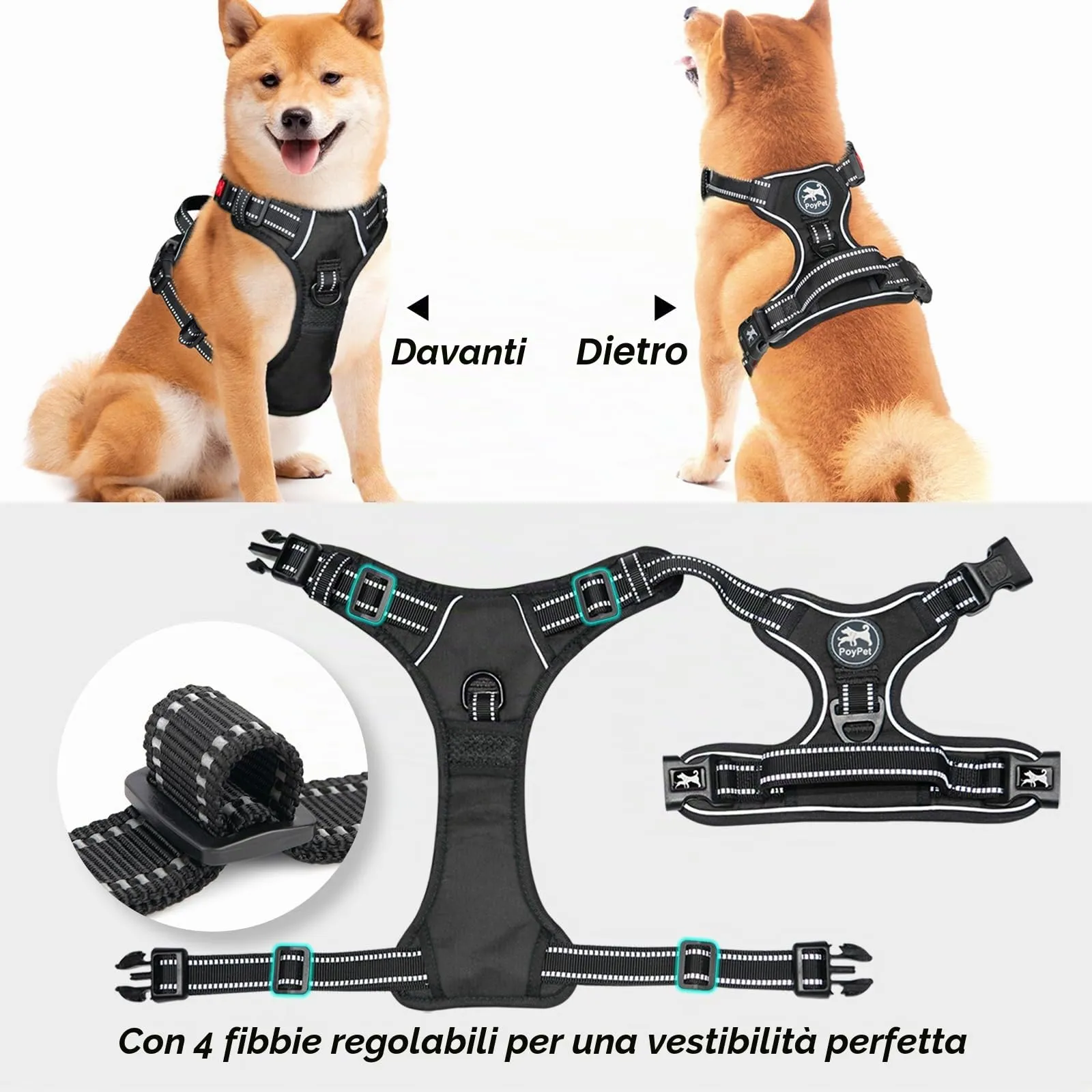 PoyPet Imbracatura No Pull Riflettente per Cani, Gilet Regolabile e Imbottito con Impugnatura Easy Control (Nero, L) - immagine 5