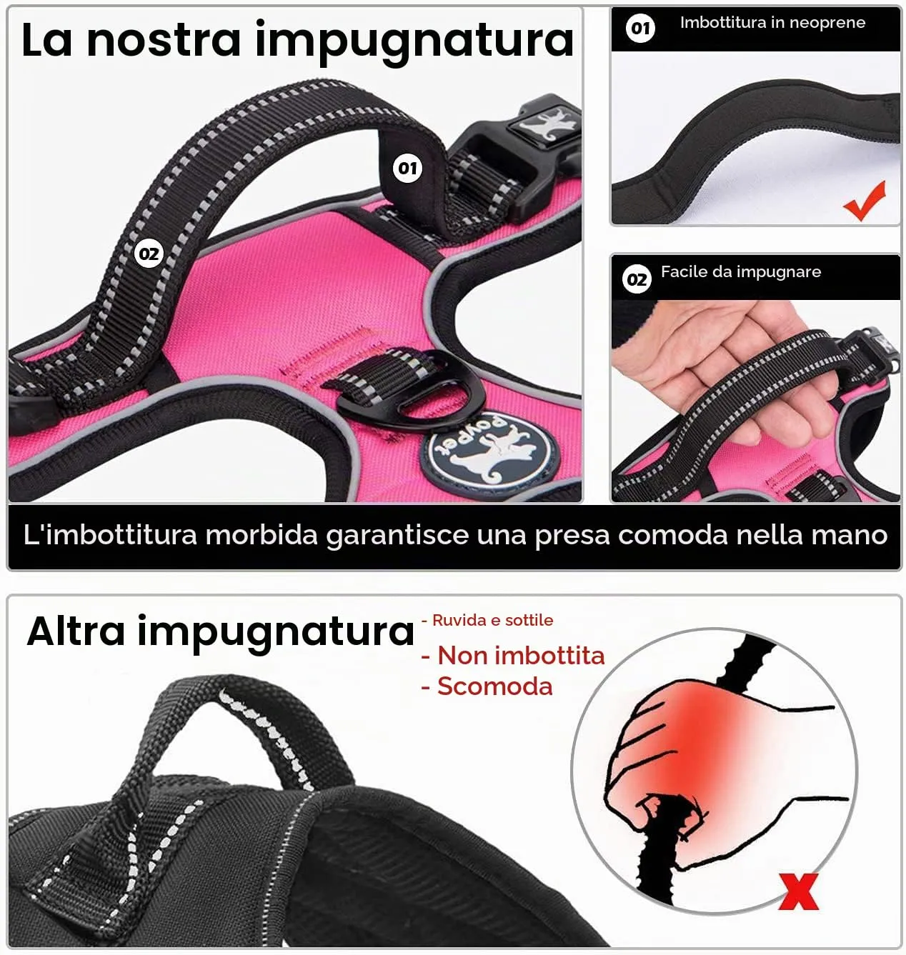 PoyPet Pettorina anti-tiro per cani con manico e riflettenti, rosa, M - immagine 4