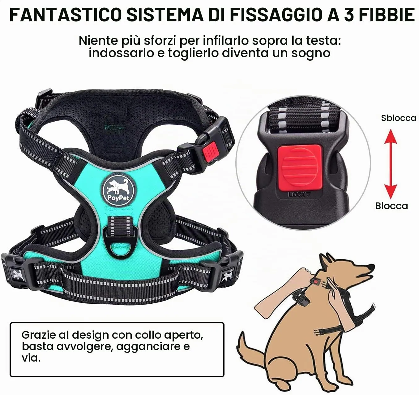 PoyPet No Pull Imbracatura Riflettente per Cani, Gilet Regolabile e Imbottito con Impugnatura Easy Control, Blu Menta, S - immagine 3